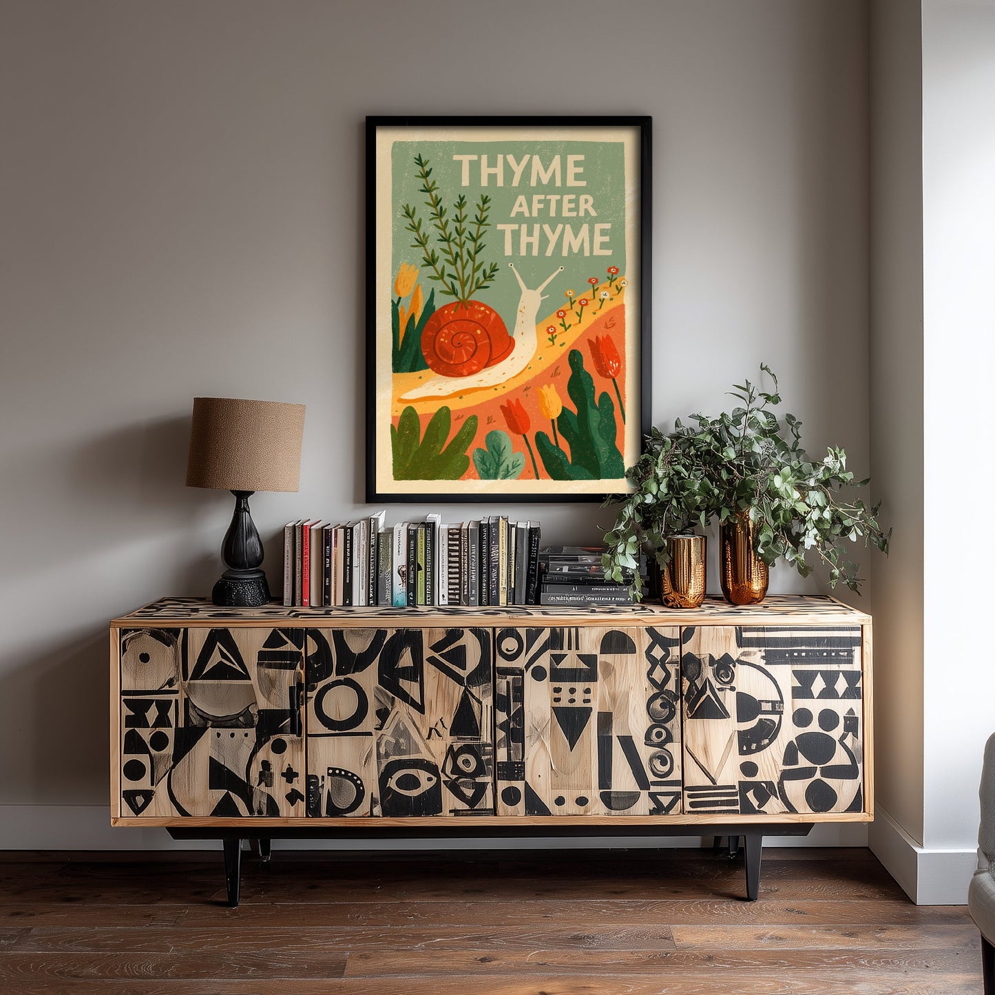 Thyme After Thyme Art Print - Snail and Herb Pun Poster - Retro Garden Illustration for the Kitchen