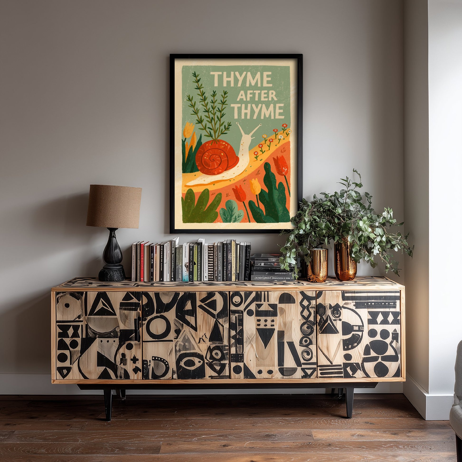 Thyme After Thyme Art Print - Snail and Herb Pun Poster - Retro Garden Illustration for the Kitchen