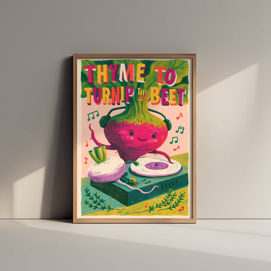 Thyme to Turnip the Beet Art Print - Beetroot DJ Poster - Funny Music Pun Illustration V3