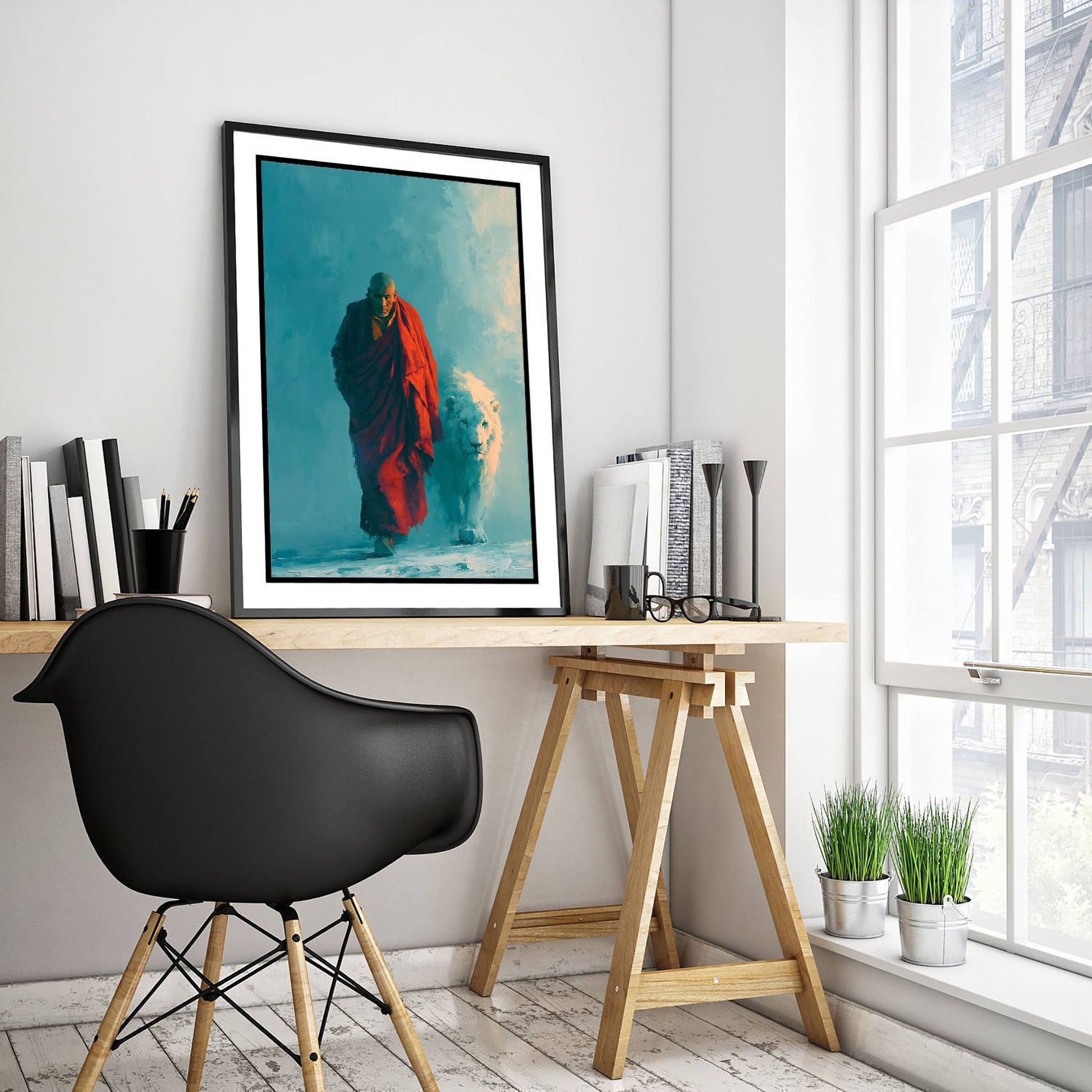 Tibetan Monk Art Print - Snow Lion Painting - Buddhist Poster