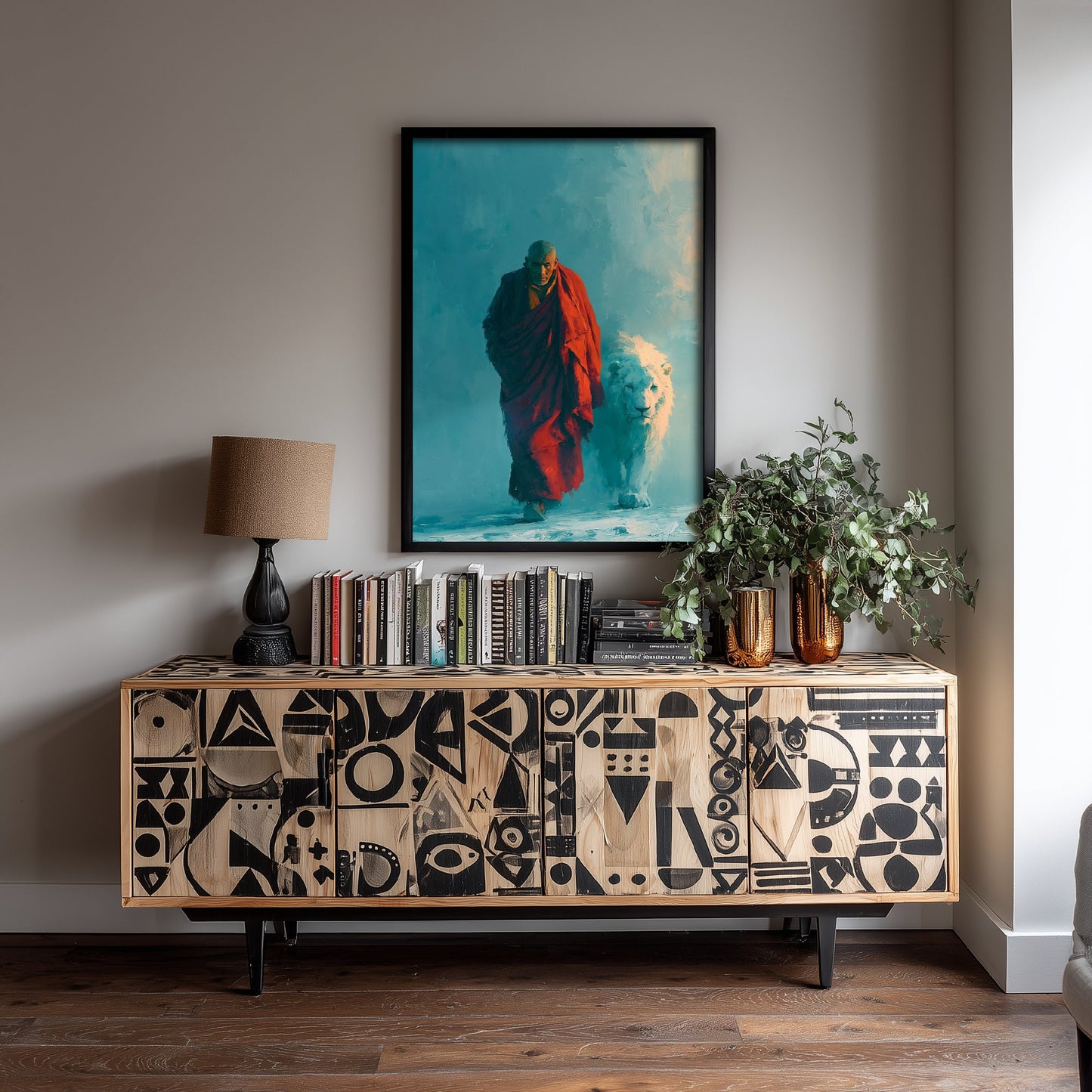 Tibetan Monk Art Print - Snow Lion Painting - Buddhist Poster