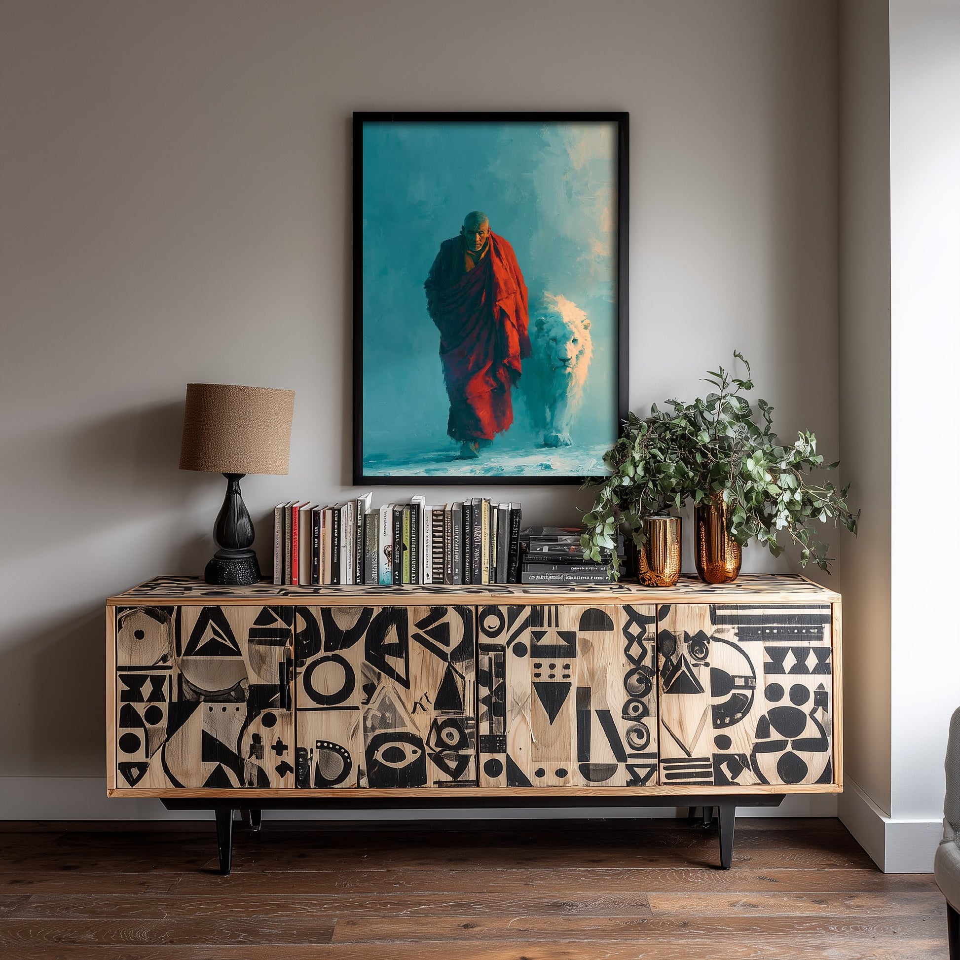 Tibetan Monk Art Print - Snow Lion Painting - Buddhist Poster