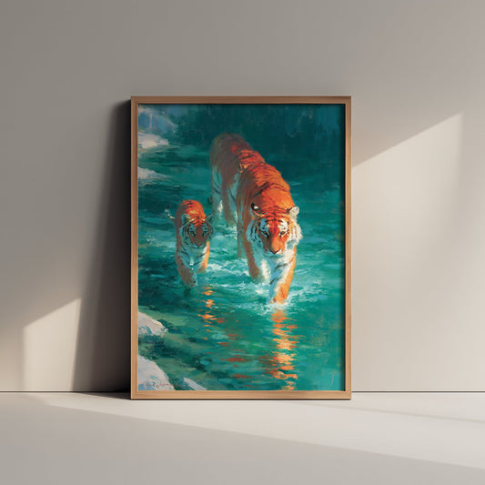 Tiger & Cub Art Print - Wildlife Painting - Big Cat River Poster