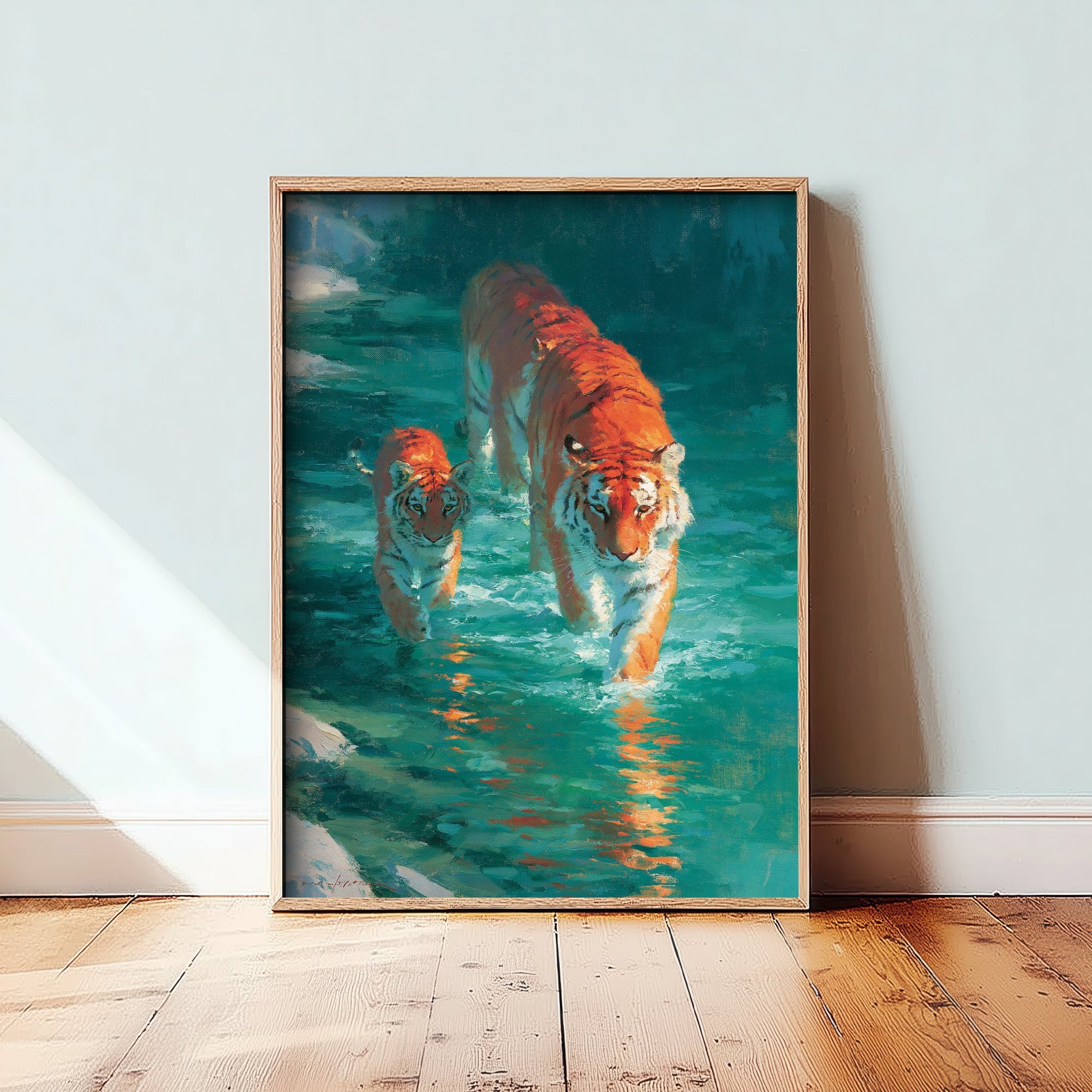 Tiger & Cub Art Print - Wildlife Painting - Big Cat River Poster