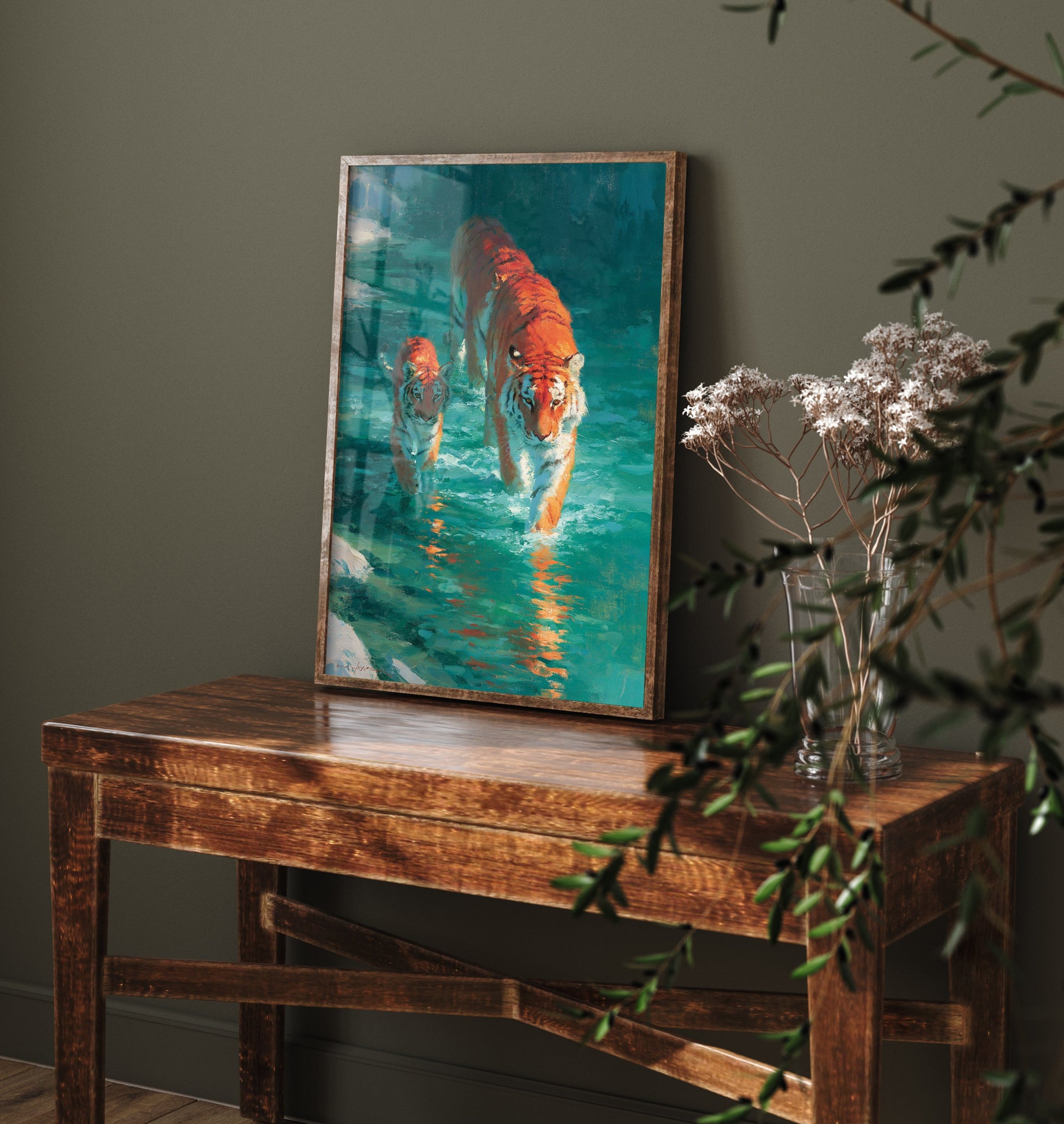 Tiger & Cub Art Print - Wildlife Painting - Big Cat River Poster