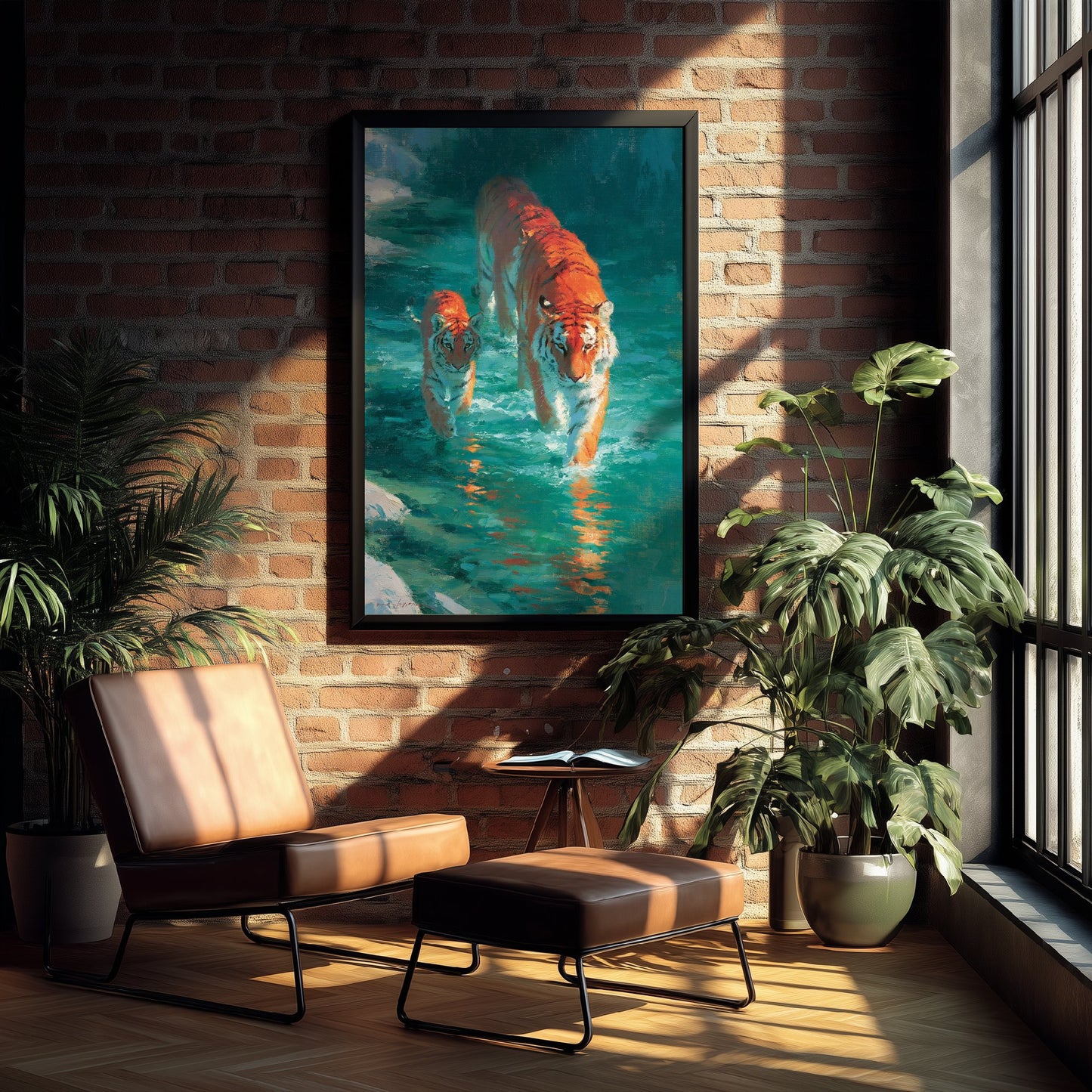 Tiger & Cub Art Print - Wildlife Painting - Big Cat River Poster