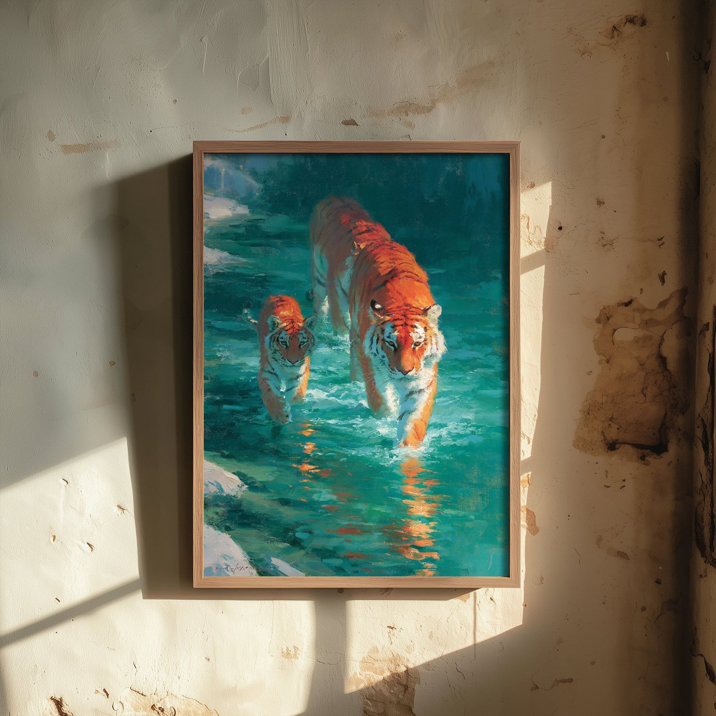Tiger & Cub Art Print - Wildlife Painting - Big Cat River Poster