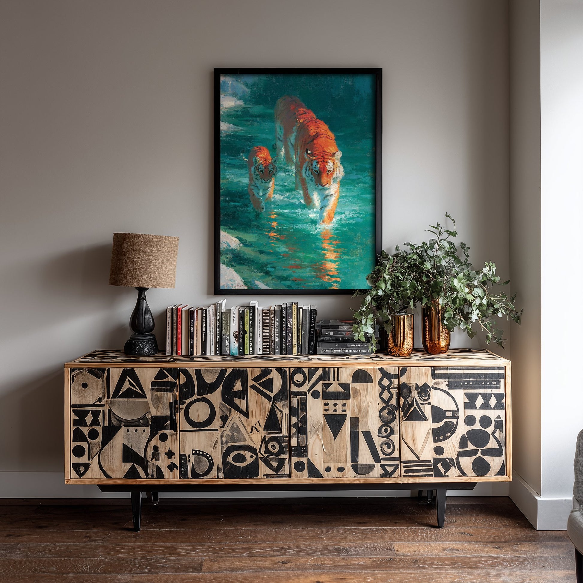 Tiger & Cub Art Print - Wildlife Painting - Big Cat River Poster