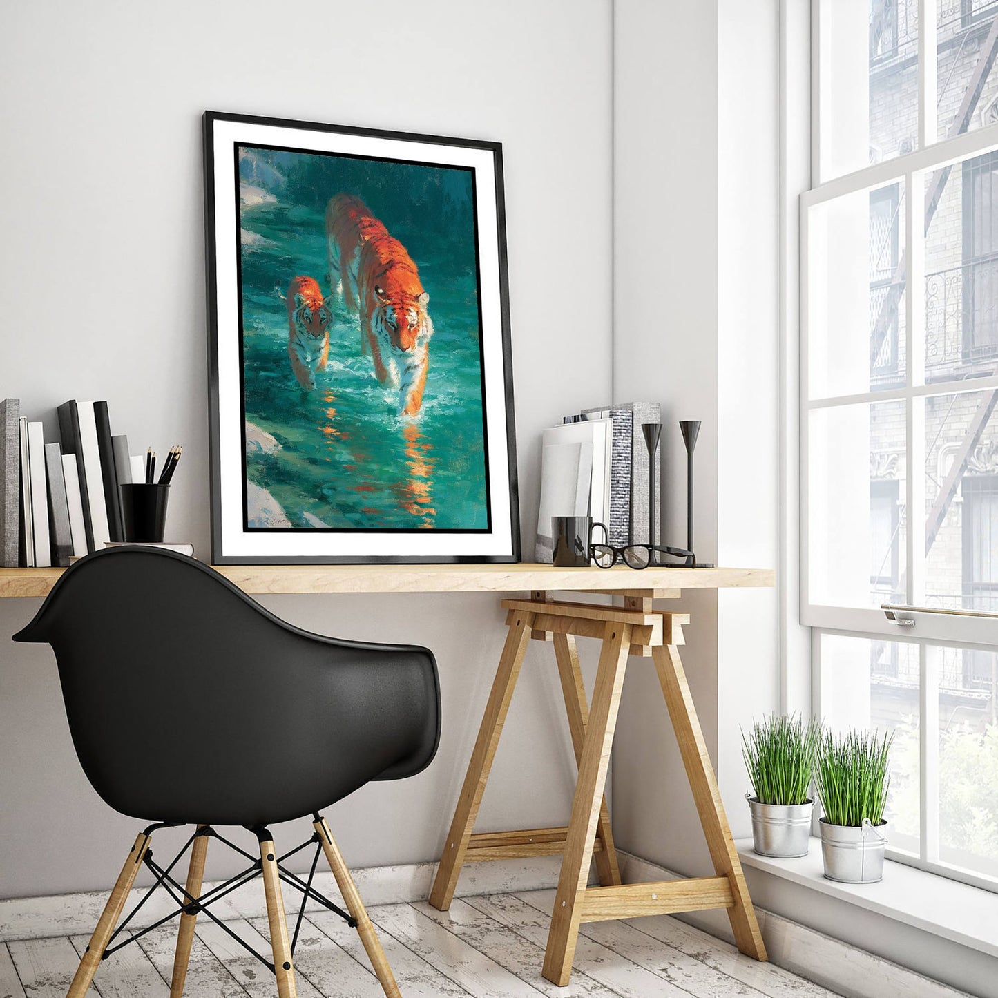 Tiger & Cub Art Print - Wildlife Painting - Big Cat River Poster