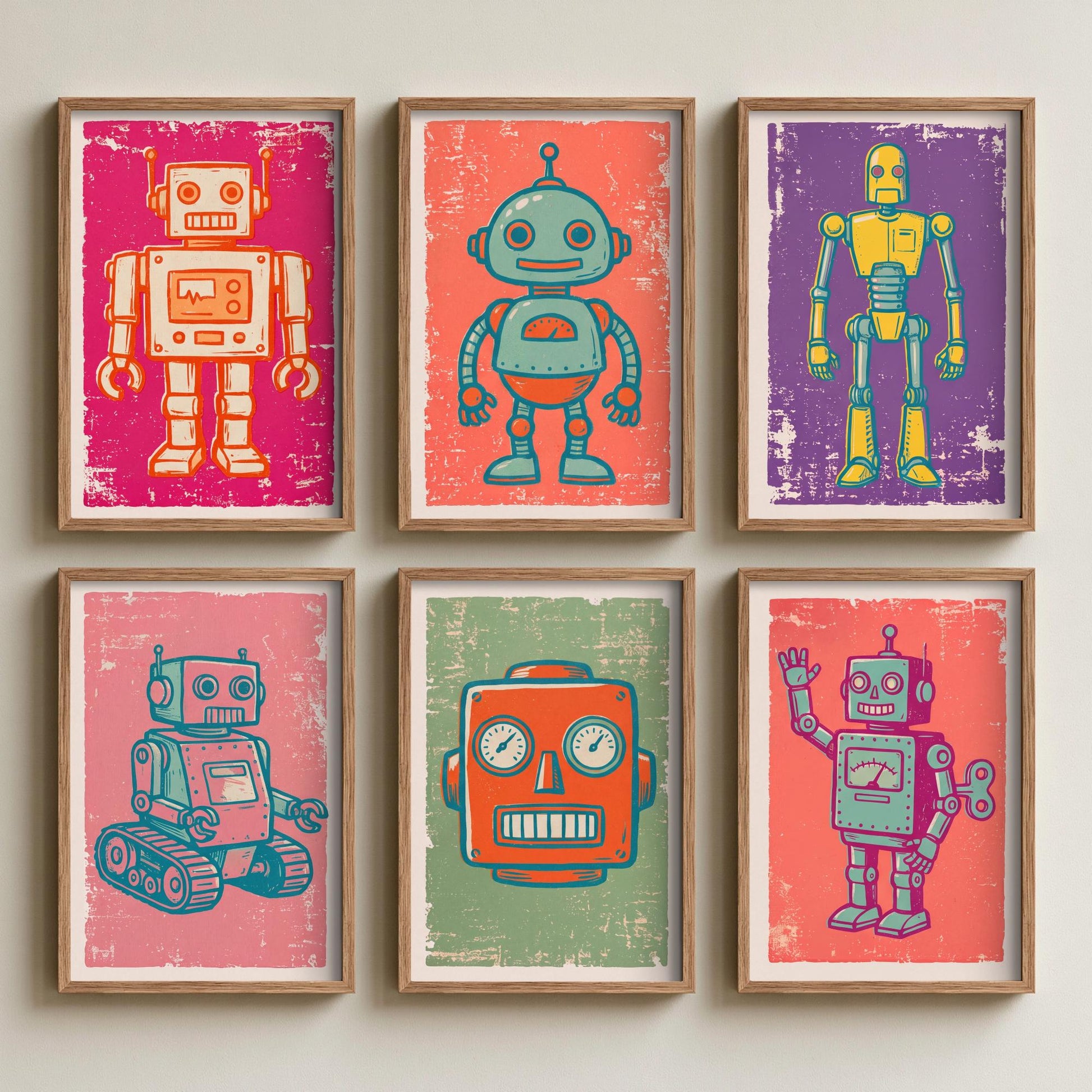 Set of Six Tin Robots Art Prints - 6 Linocut Retro Robot Illustrations - Boxy Robot, Round-Headed Robot, Wind-Up and Tank Tread Posters