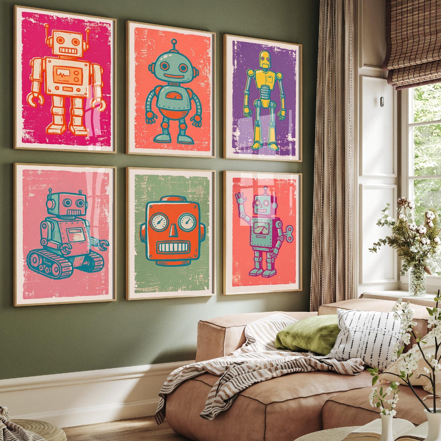 Set of Six Tin Robots Art Prints - 6 Linocut Retro Robot Illustrations - Boxy Robot, Round-Headed Robot, Wind-Up and Tank Tread Posters