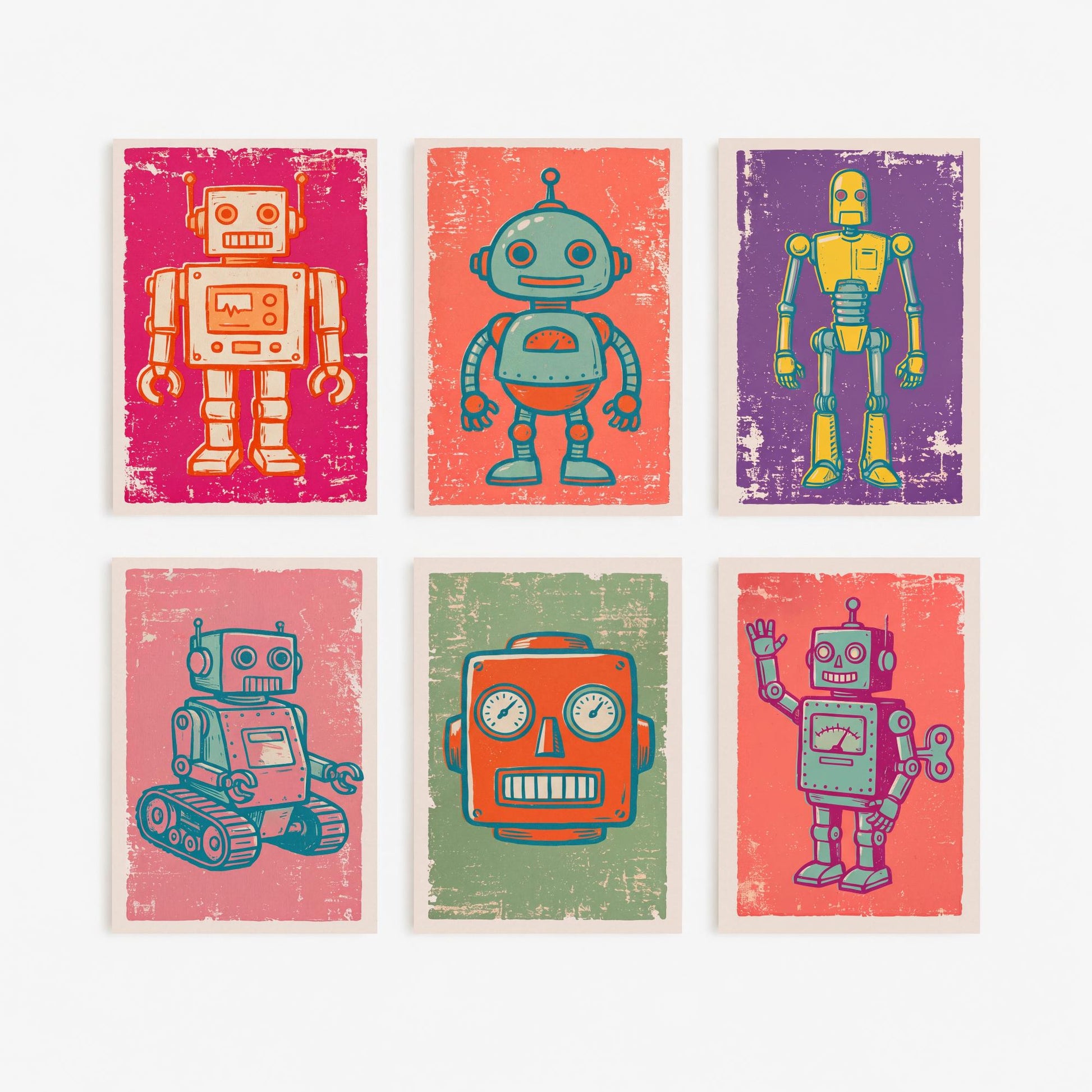 Set of Six Tin Robots Art Prints - 6 Linocut Retro Robot Illustrations - Boxy Robot, Round-Headed Robot, Wind-Up and Tank Tread Posters