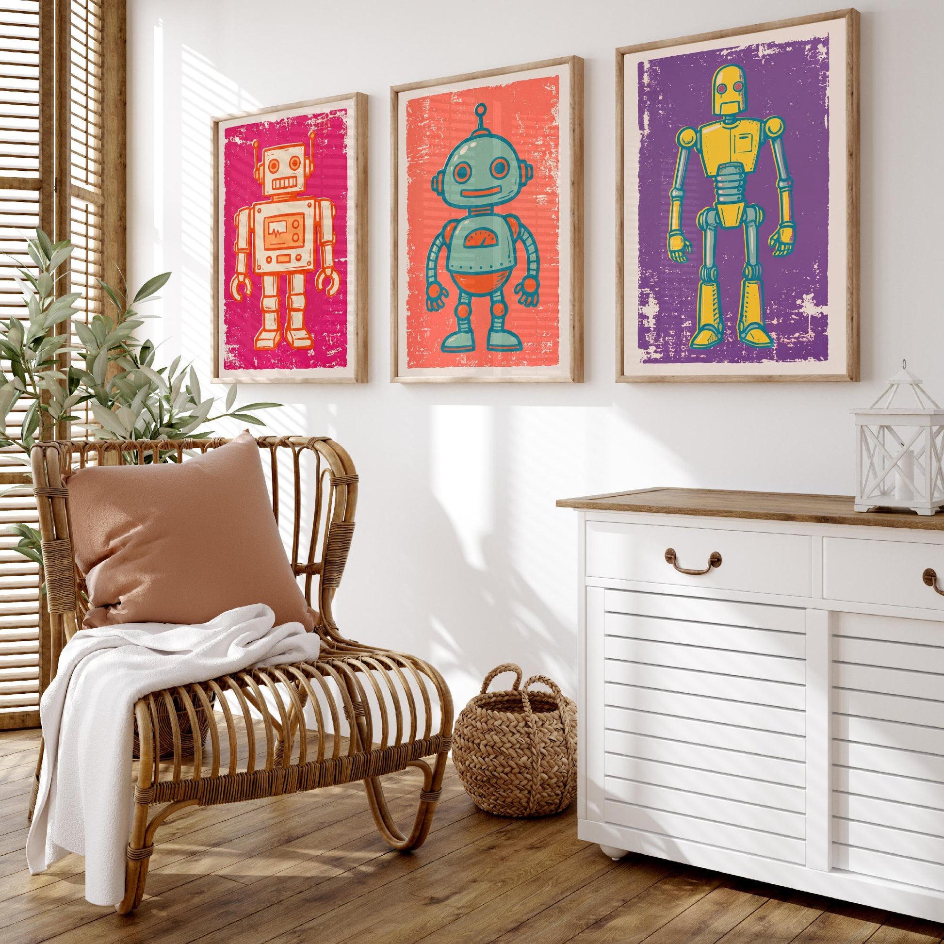 Set of Three Tin Robot Art Prints - Boxy Robot, Round-Headed Robot & Tall Robot - Linocut Style Illustrations - Kids Posters V1
