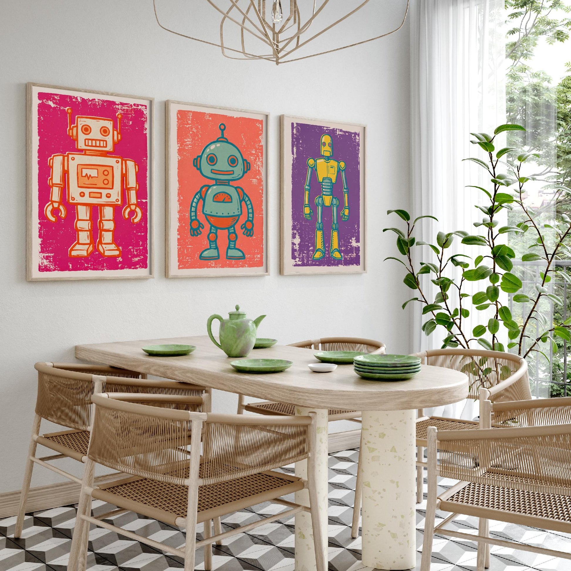 Set of Three Tin Robot Art Prints - Boxy Robot, Round-Headed Robot & Tall Robot - Linocut Style Illustrations - Kids Posters V1