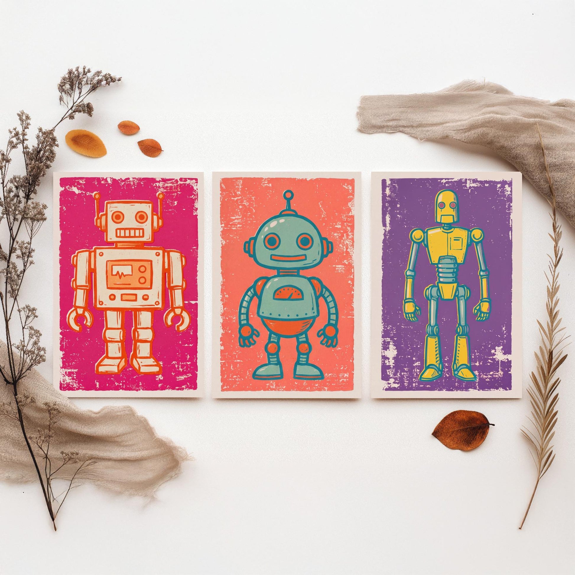 Set of Three Tin Robot Art Prints - Boxy Robot, Round-Headed Robot & Tall Robot - Linocut Style Illustrations - Kids Posters V1