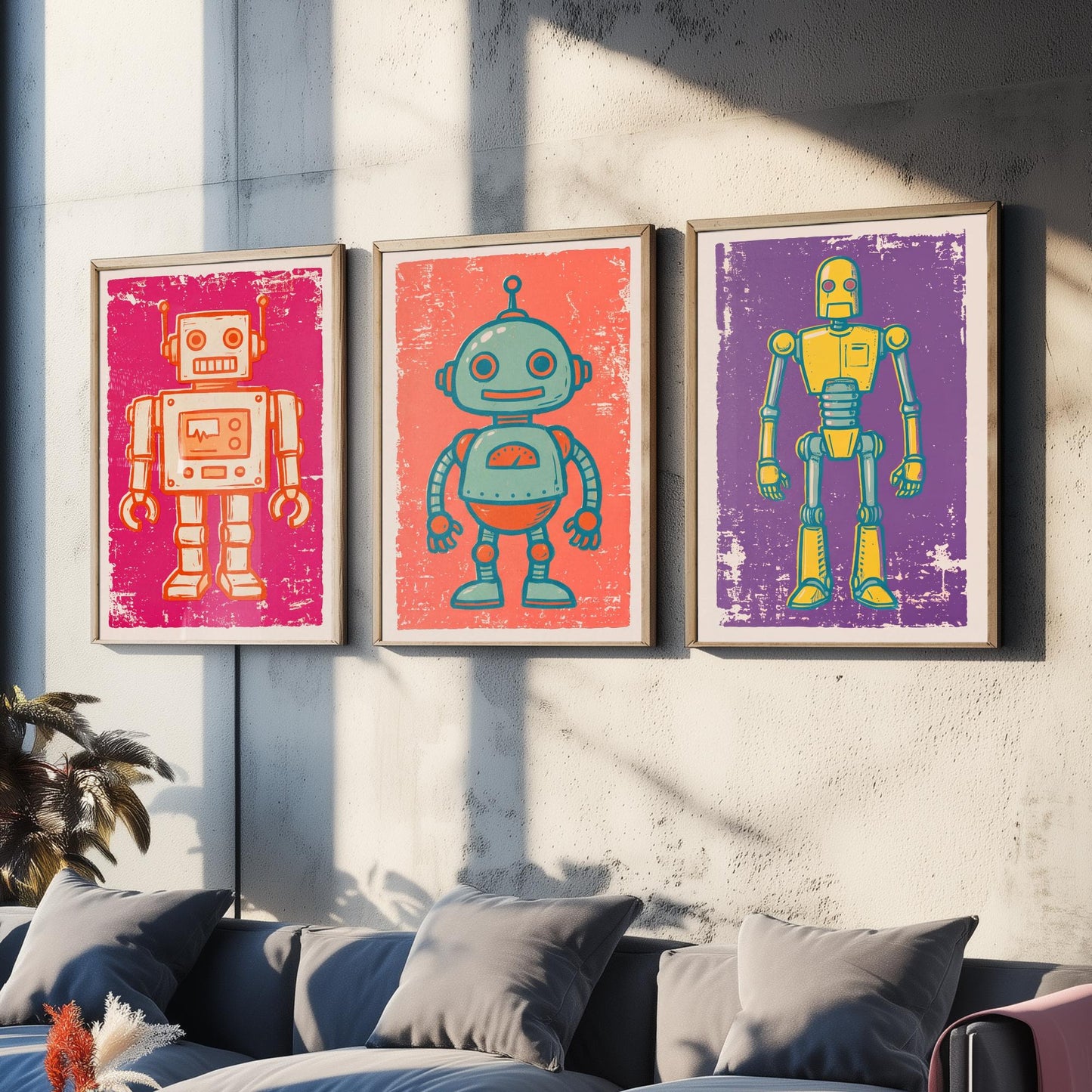Set of Three Tin Robot Art Prints - Boxy Robot, Round-Headed Robot & Tall Robot - Linocut Style Illustrations - Kids Posters V1