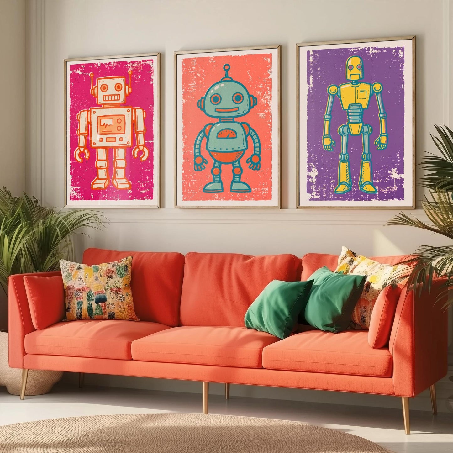 Set of Three Tin Robot Art Prints - Boxy Robot, Round-Headed Robot & Tall Robot - Linocut Style Illustrations - Kids Posters V1