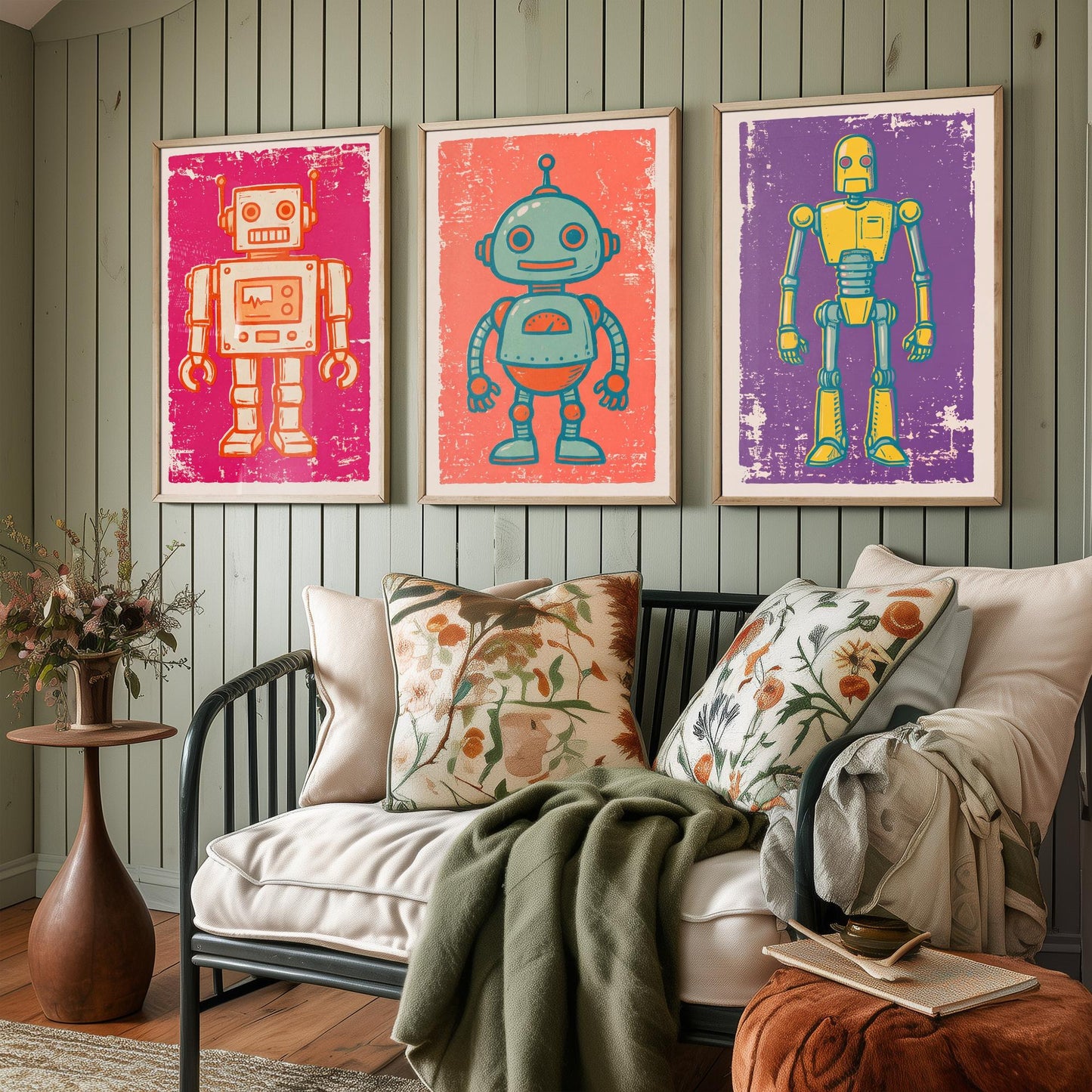 Set of Three Tin Robot Art Prints - Boxy Robot, Round-Headed Robot & Tall Robot - Linocut Style Illustrations - Kids Posters V1