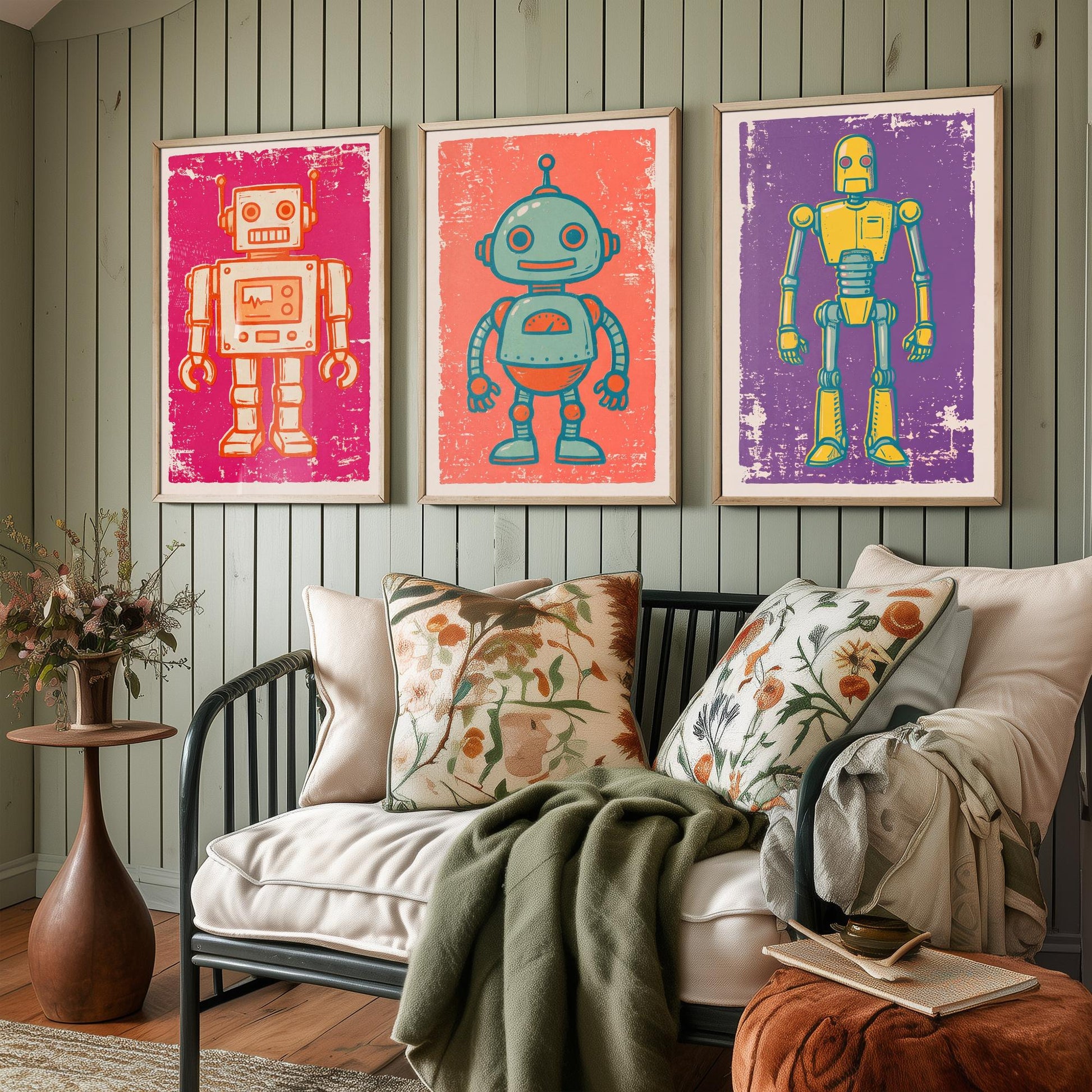 Set of Three Tin Robot Art Prints - Boxy Robot, Round-Headed Robot & Tall Robot - Linocut Style Illustrations - Kids Posters V1
