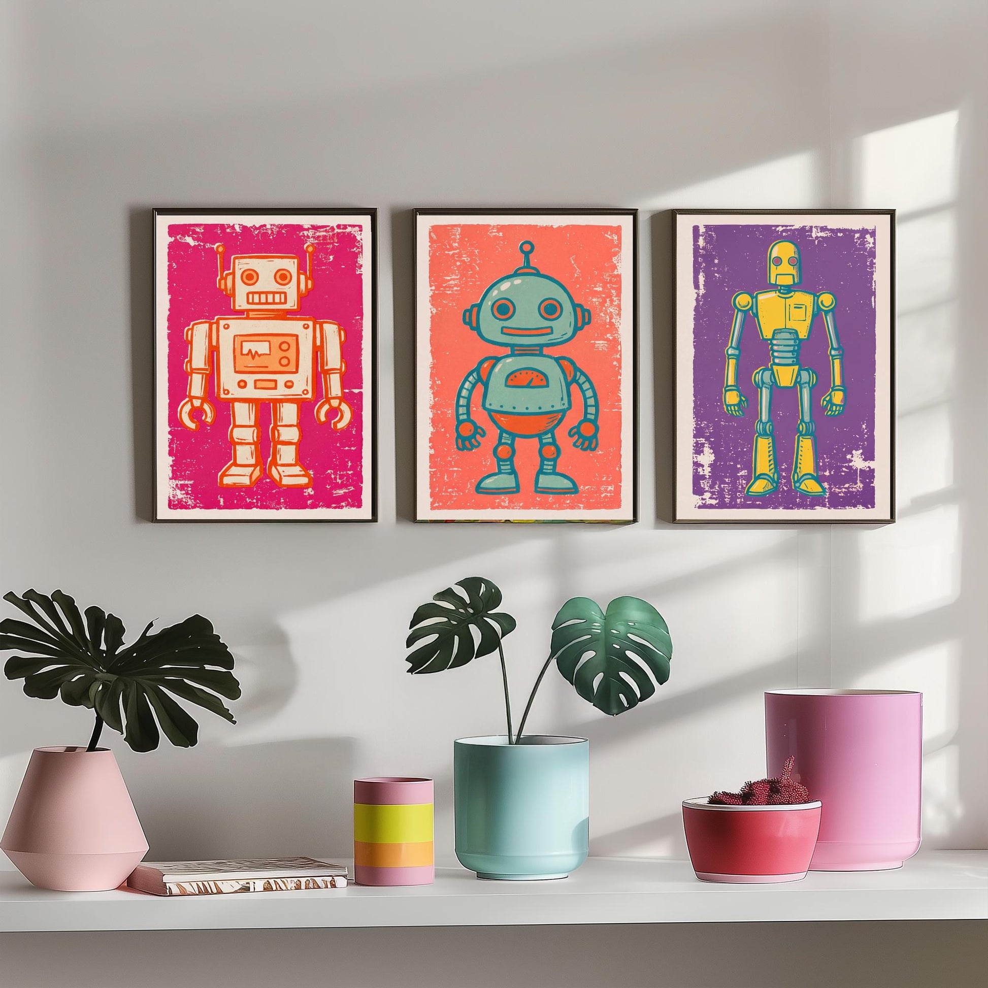 Set of Three Tin Robot Art Prints - Boxy Robot, Round-Headed Robot & Tall Robot - Linocut Style Illustrations - Kids Posters V1