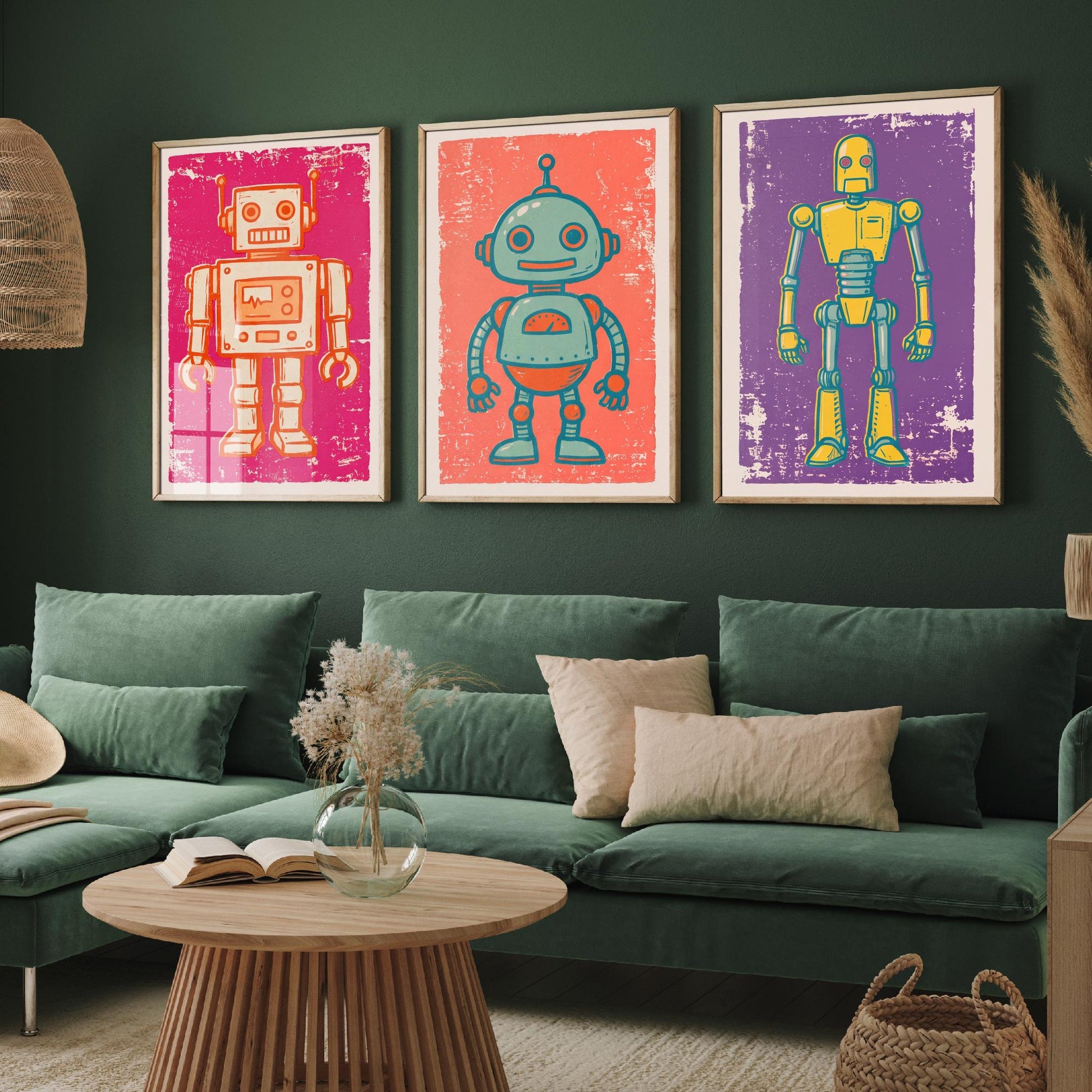 Set of Three Tin Robot Art Prints - Boxy Robot, Round-Headed Robot & Tall Robot - Linocut Style Illustrations - Kids Posters V1