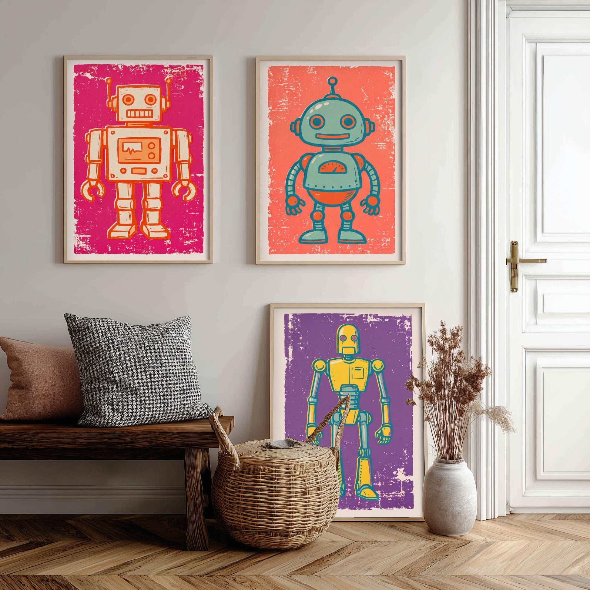 Set of Three Tin Robot Art Prints - Boxy Robot, Round-Headed Robot & Tall Robot - Linocut Style Illustrations - Kids Posters V1