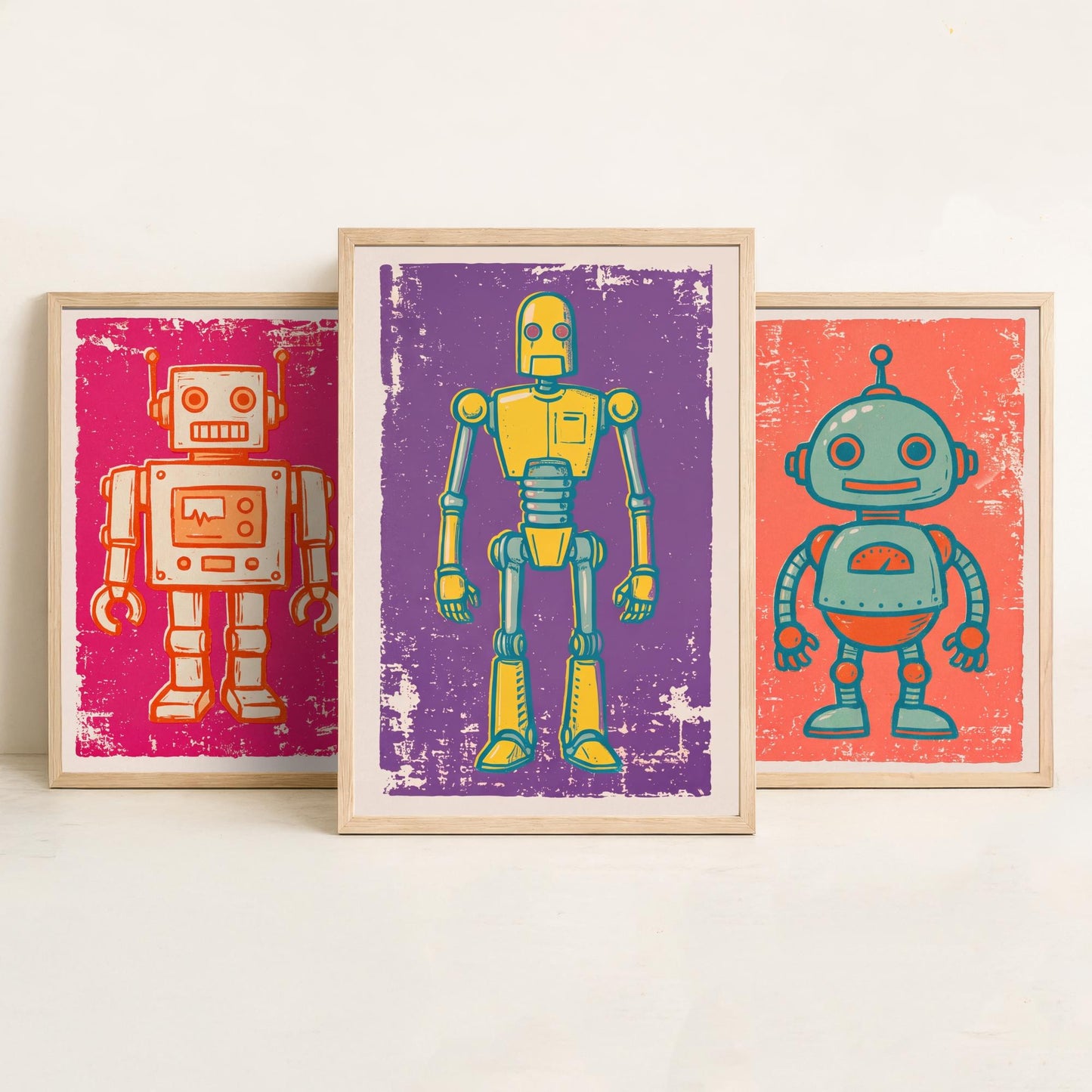 Set of Three Tin Robot Art Prints - Boxy Robot, Round-Headed Robot & Tall Robot - Linocut Style Illustrations - Kids Posters V1