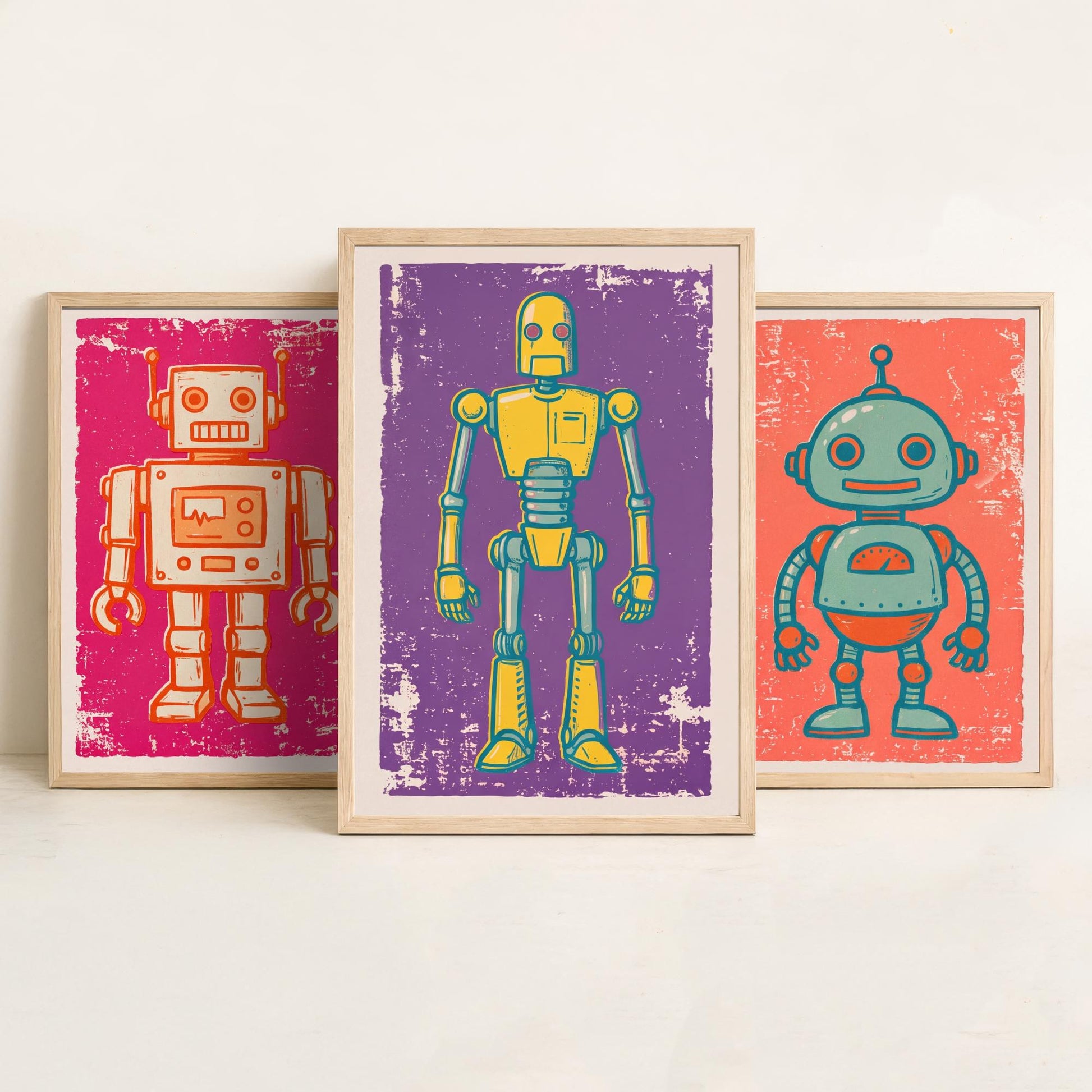 Set of Three Tin Robot Art Prints - Boxy Robot, Round-Headed Robot & Tall Robot - Linocut Style Illustrations - Kids Posters V1