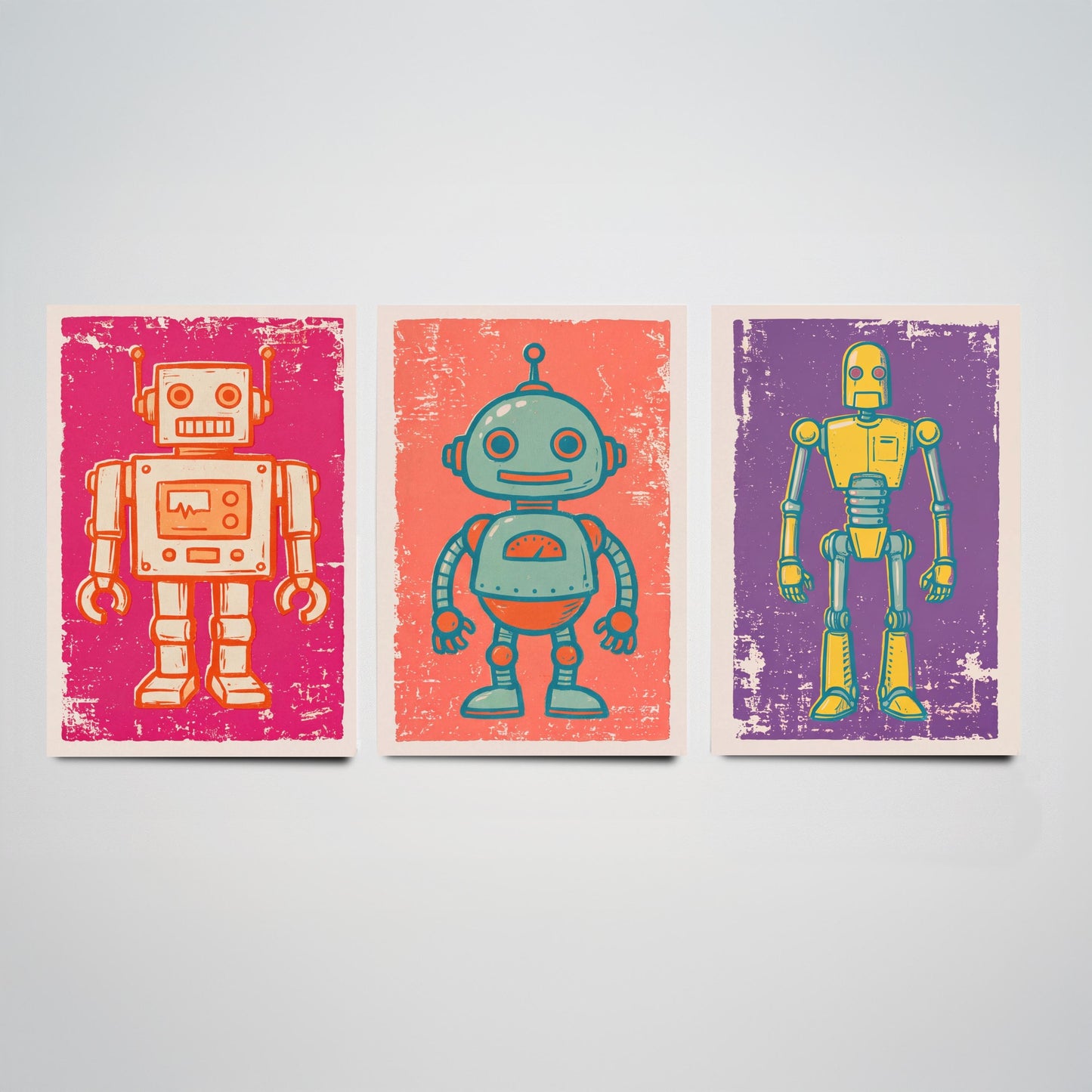 Set of Three Tin Robot Art Prints - Boxy Robot, Round-Headed Robot & Tall Robot - Linocut Style Illustrations - Kids Posters V1