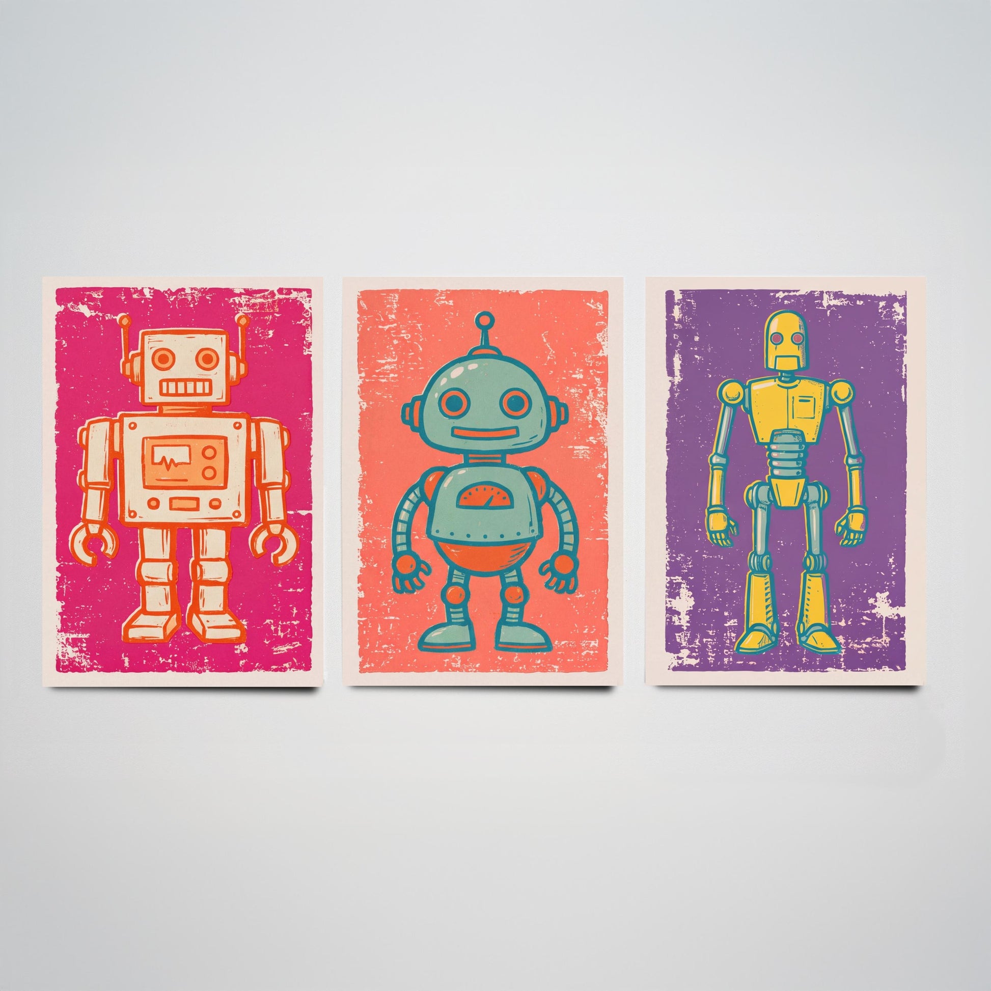 Set of Three Tin Robot Art Prints - Boxy Robot, Round-Headed Robot & Tall Robot - Linocut Style Illustrations - Kids Posters V1