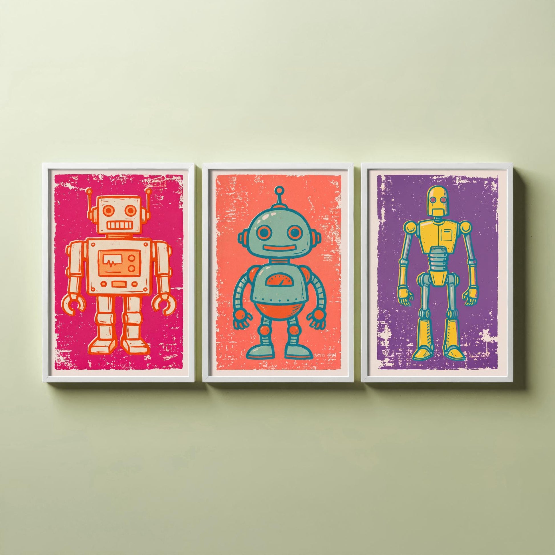 Set of Three Tin Robot Art Prints - Boxy Robot, Round-Headed Robot & Tall Robot - Linocut Style Illustrations - Kids Posters V1