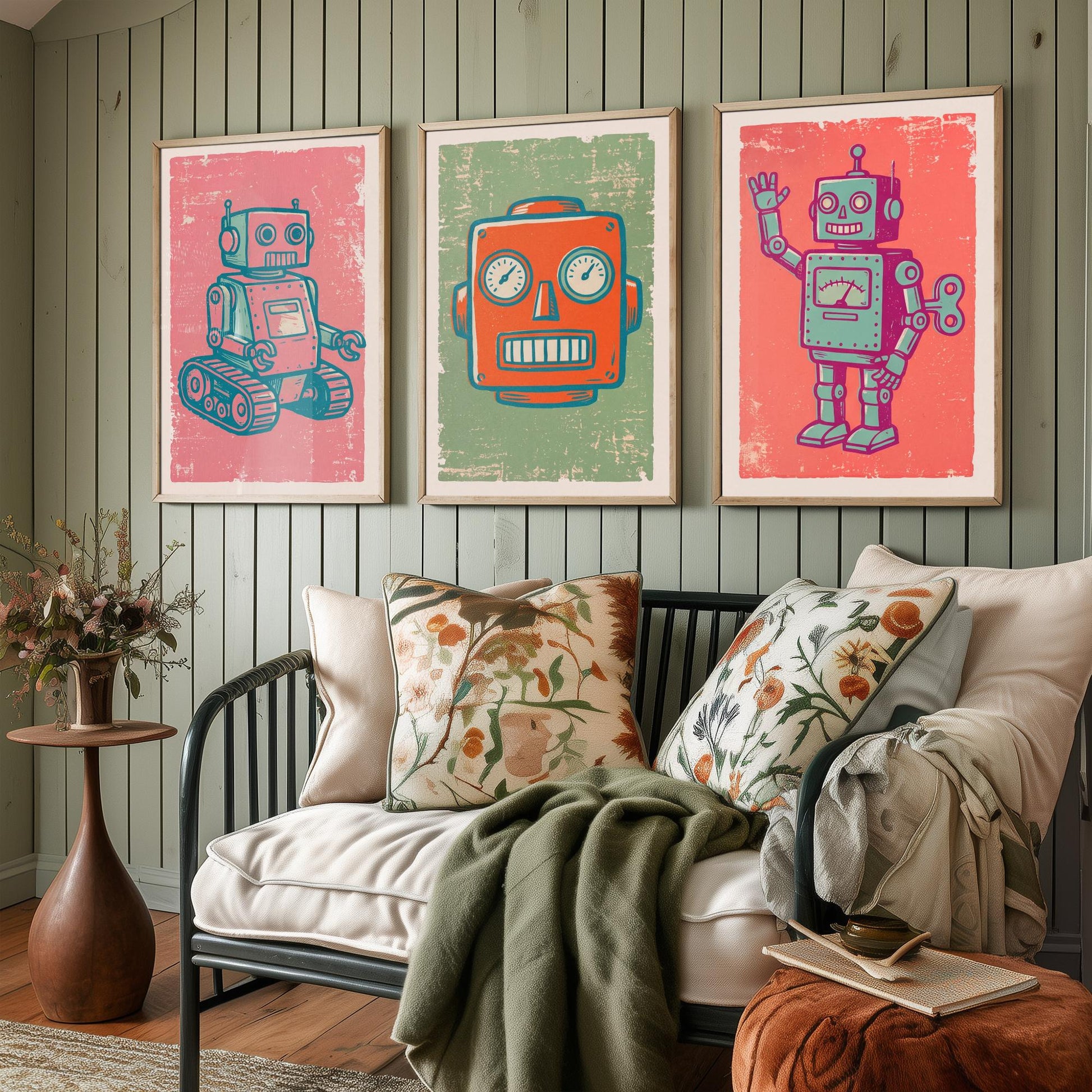 Set of Three Tin Robot Art Prints - Tracked Robot, Robot Head & Wind-Up Robot - Linocut Style Illustrations - Kids Posters V2