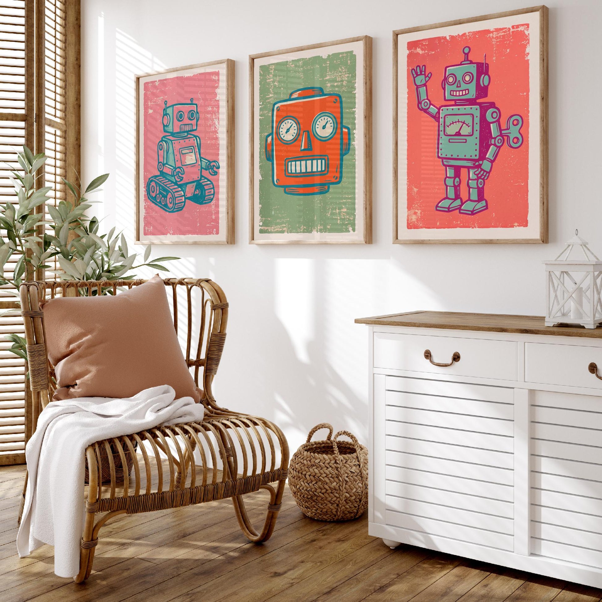 Set of Three Tin Robot Art Prints - Tracked Robot, Robot Head & Wind-Up Robot - Linocut Style Illustrations - Kids Posters V2