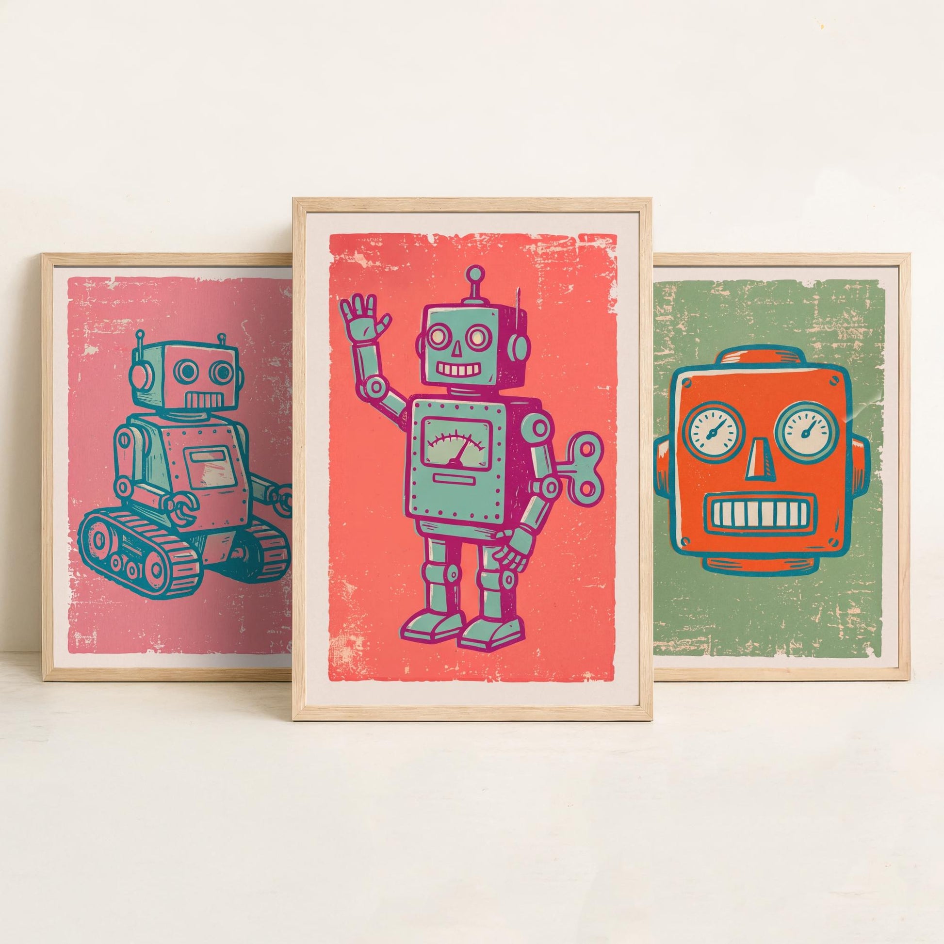 Set of Three Tin Robot Art Prints - Tracked Robot, Robot Head & Wind-Up Robot - Linocut Style Illustrations - Kids Posters V2