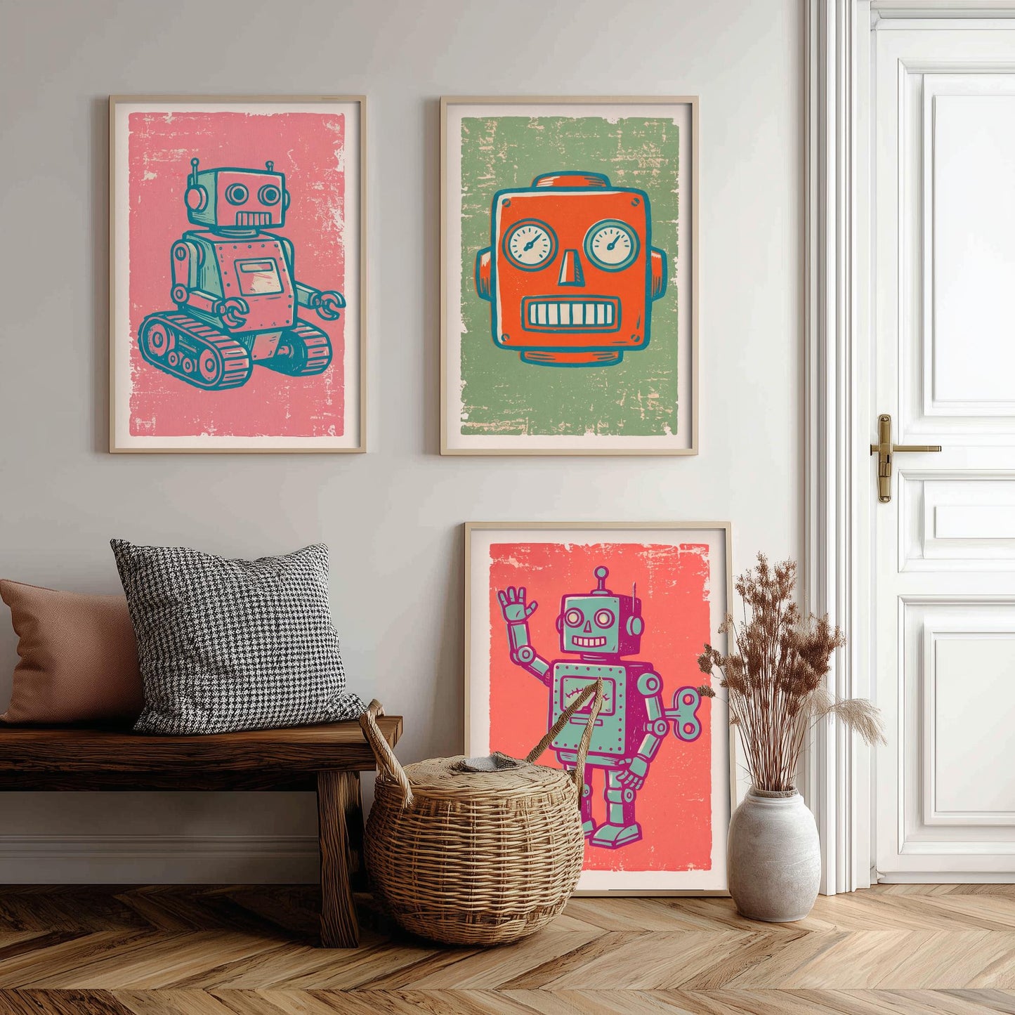 Set of Three Tin Robot Art Prints - Tracked Robot, Robot Head & Wind-Up Robot - Linocut Style Illustrations - Kids Posters V2
