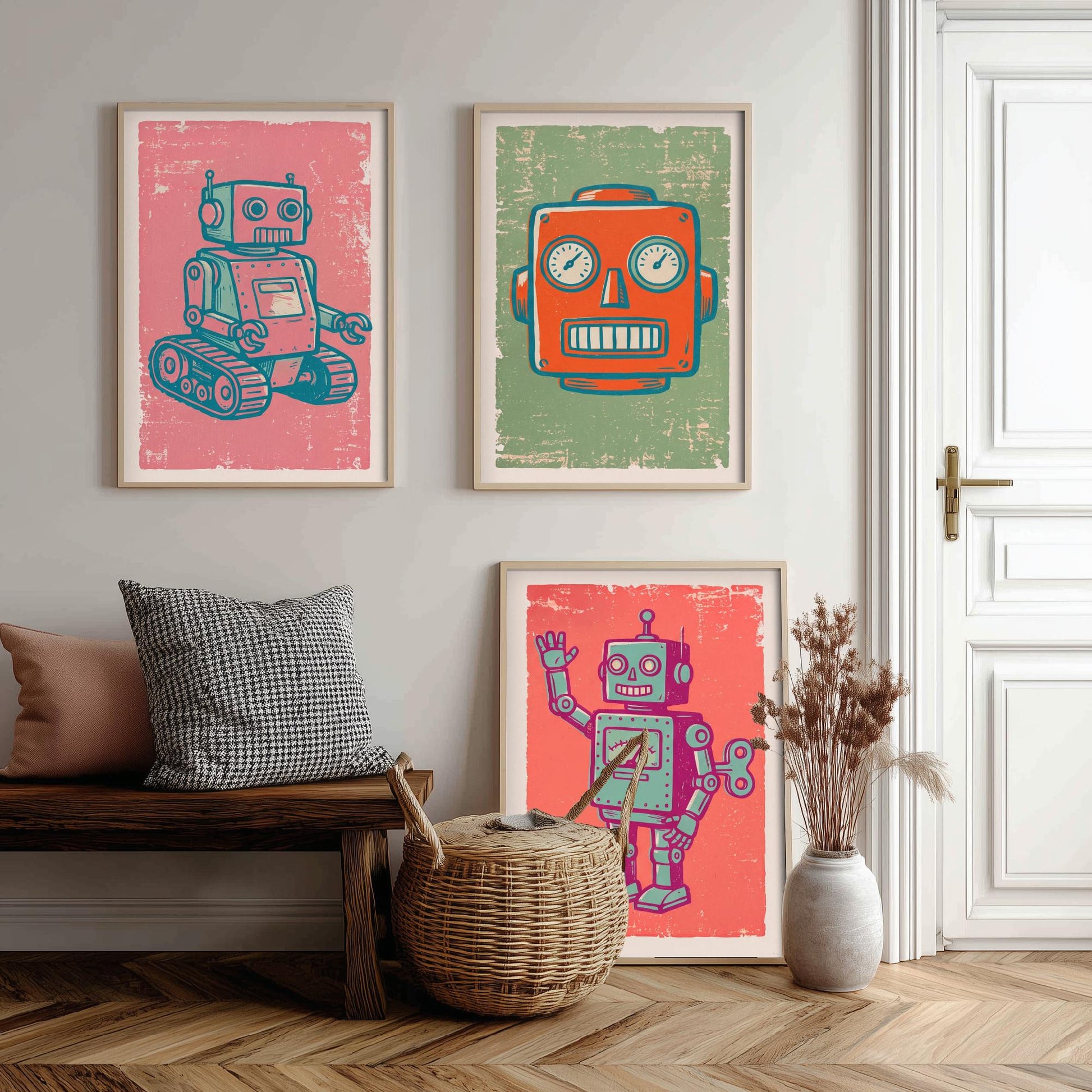 Set of Three Tin Robot Art Prints - Tracked Robot, Robot Head & Wind-Up Robot - Linocut Style Illustrations - Kids Posters V2