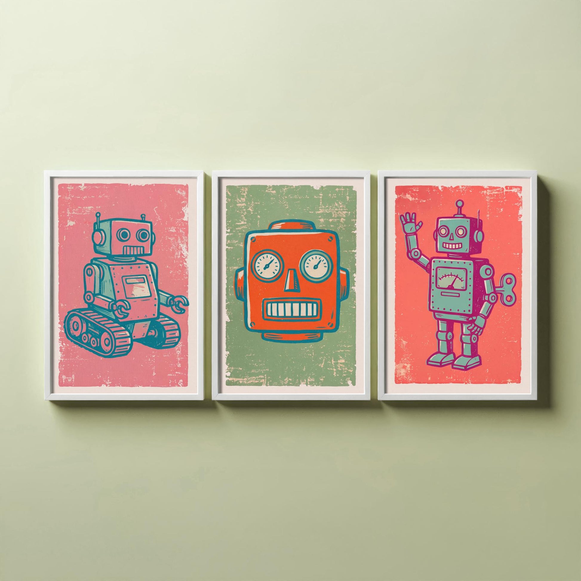 Set of Three Tin Robot Art Prints - Tracked Robot, Robot Head & Wind-Up Robot - Linocut Style Illustrations - Kids Posters V2