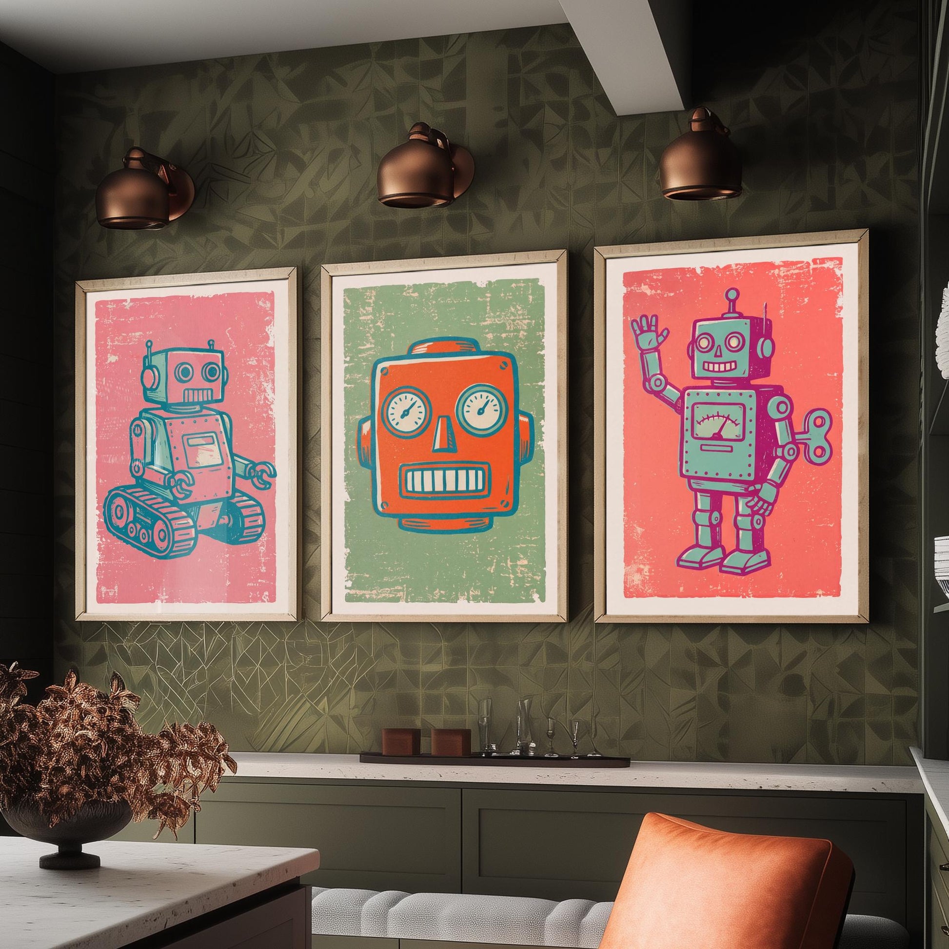 Set of Three Tin Robot Art Prints - Tracked Robot, Robot Head & Wind-Up Robot - Linocut Style Illustrations - Kids Posters V2