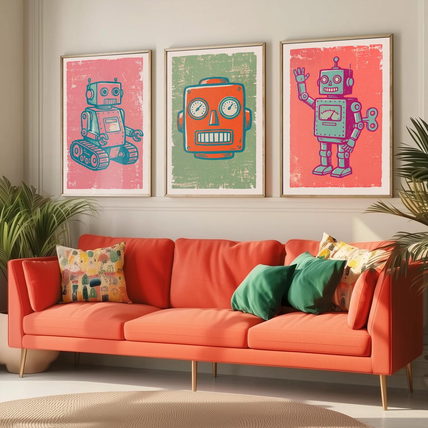 Set of Three Tin Robot Art Prints - Tracked Robot, Robot Head & Wind-Up Robot - Linocut Style Illustrations - Kids Posters V2