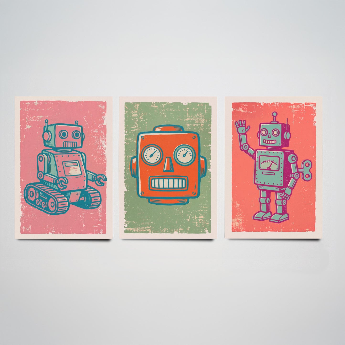 Set of Three Tin Robot Art Prints - Tracked Robot, Robot Head & Wind-Up Robot - Linocut Style Illustrations - Kids Posters V2