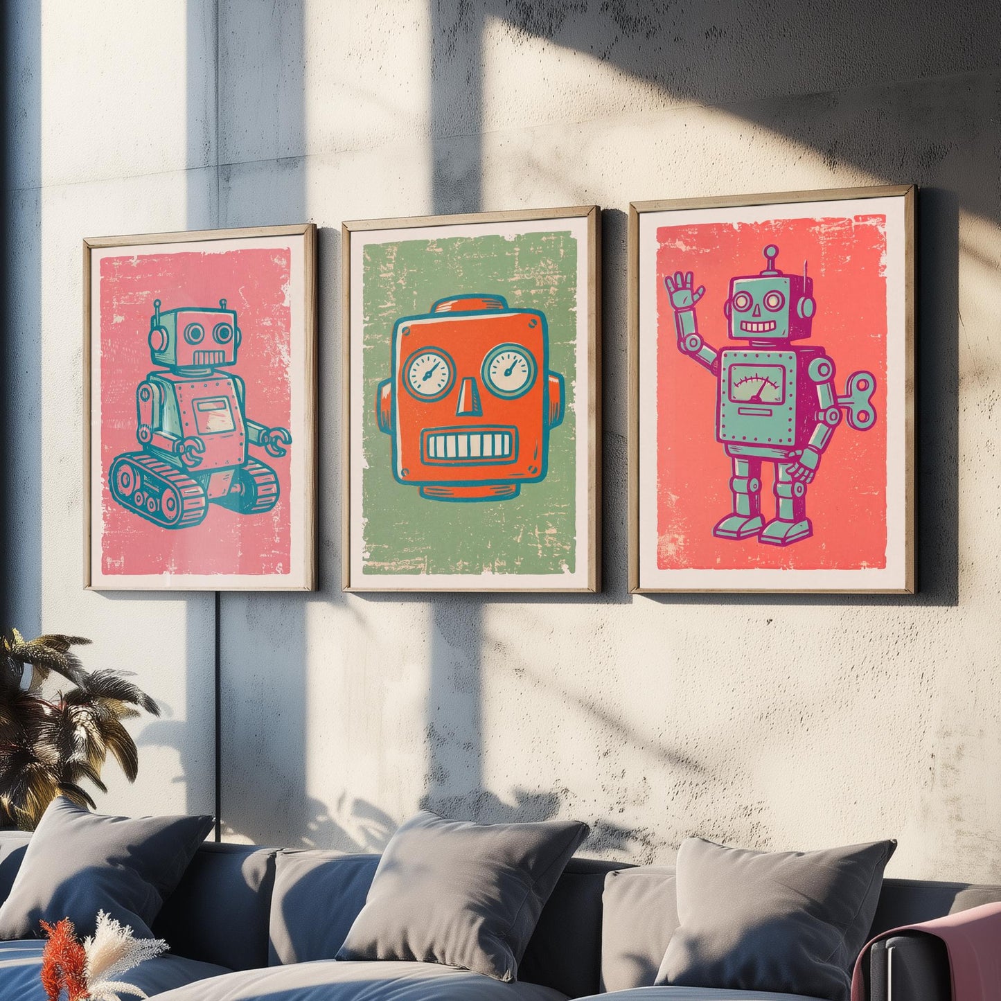 Set of Three Tin Robot Art Prints - Tracked Robot, Robot Head & Wind-Up Robot - Linocut Style Illustrations - Kids Posters V2