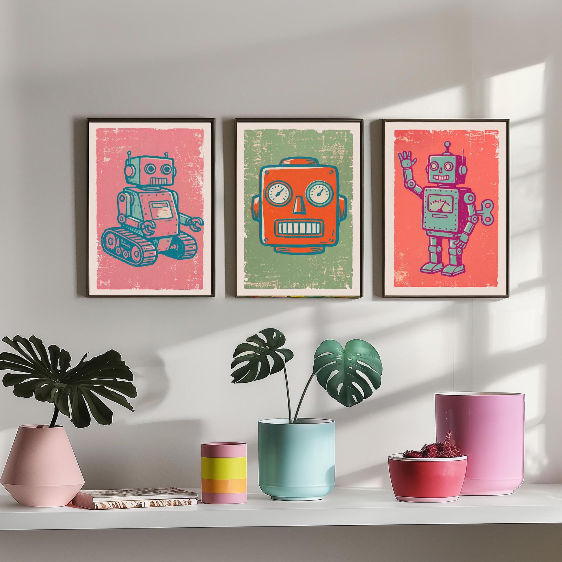 Set of Three Tin Robot Art Prints - Tracked Robot, Robot Head & Wind-Up Robot - Linocut Style Illustrations - Kids Posters V2
