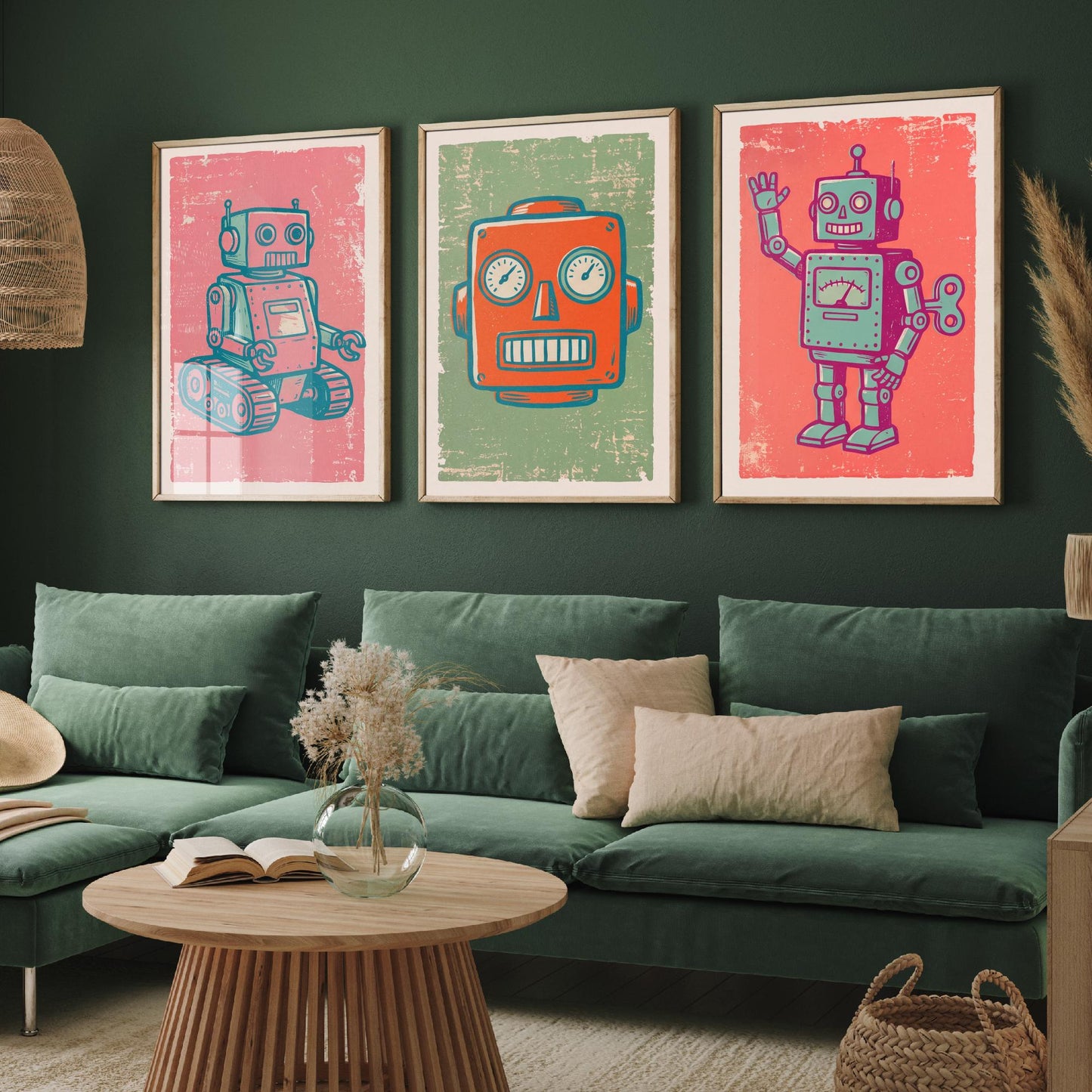 Set of Three Tin Robot Art Prints - Tracked Robot, Robot Head & Wind-Up Robot - Linocut Style Illustrations - Kids Posters V2