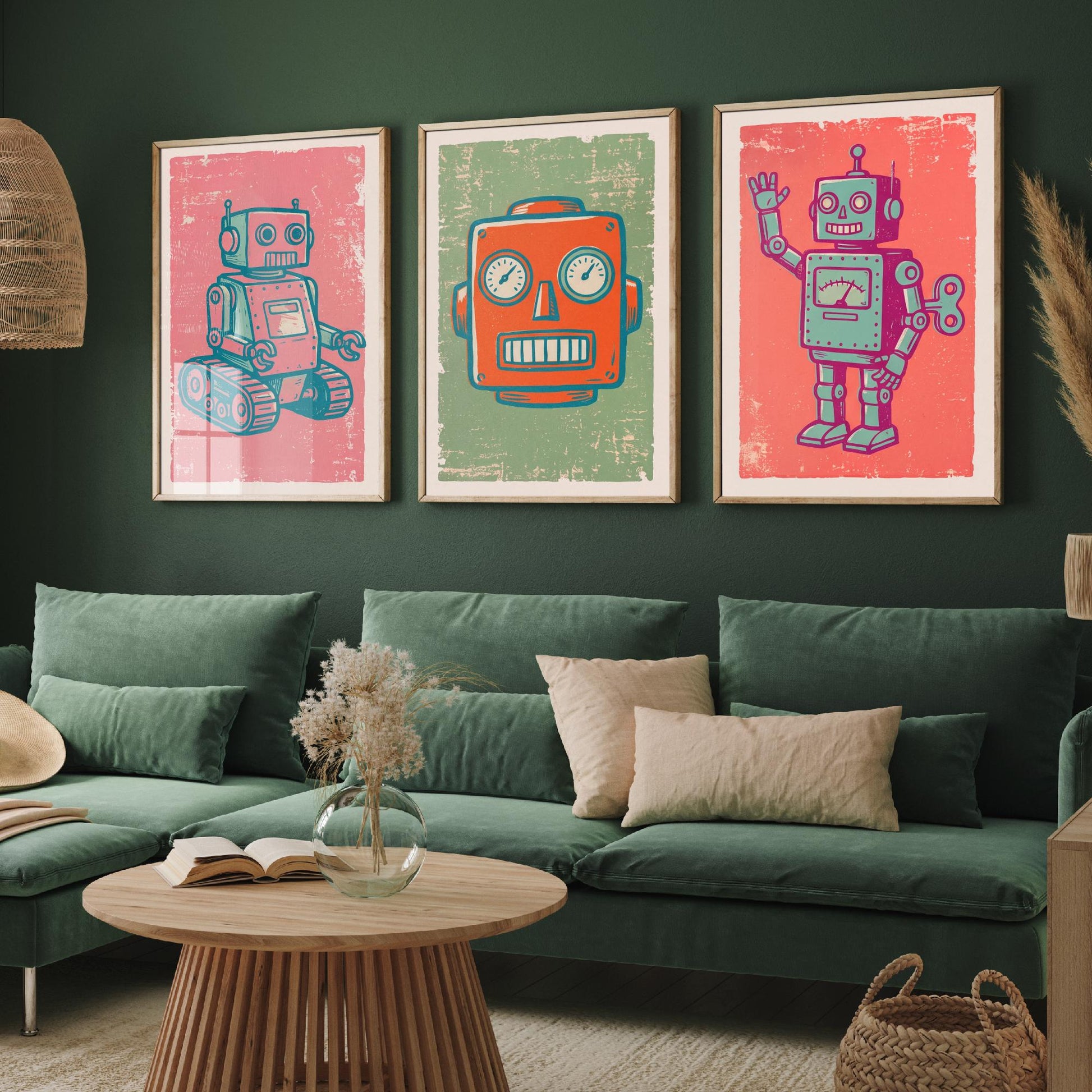 Set of Three Tin Robot Art Prints - Tracked Robot, Robot Head & Wind-Up Robot - Linocut Style Illustrations - Kids Posters V2