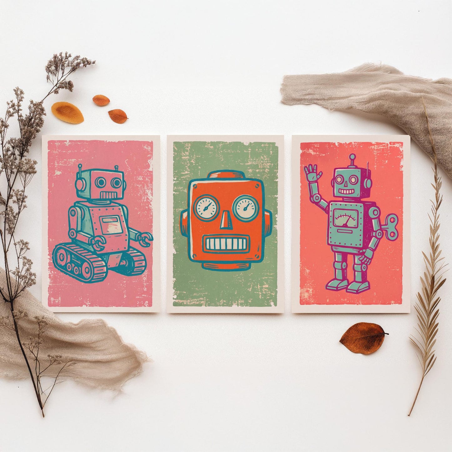 Set of Three Tin Robot Art Prints - Tracked Robot, Robot Head & Wind-Up Robot - Linocut Style Illustrations - Kids Posters V2