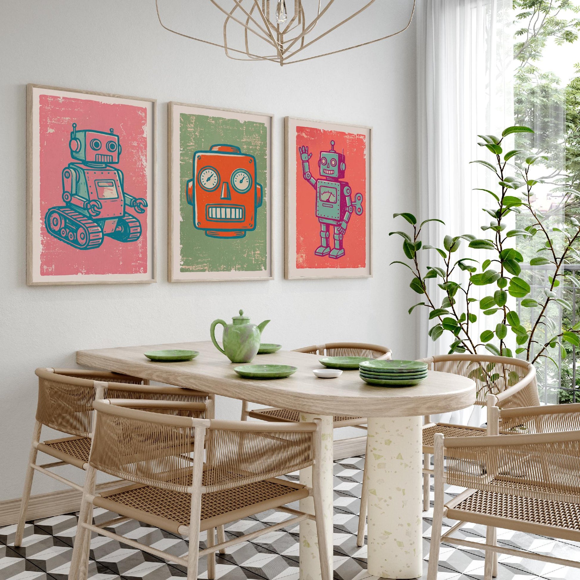 Set of Three Tin Robot Art Prints - Tracked Robot, Robot Head & Wind-Up Robot - Linocut Style Illustrations - Kids Posters V2