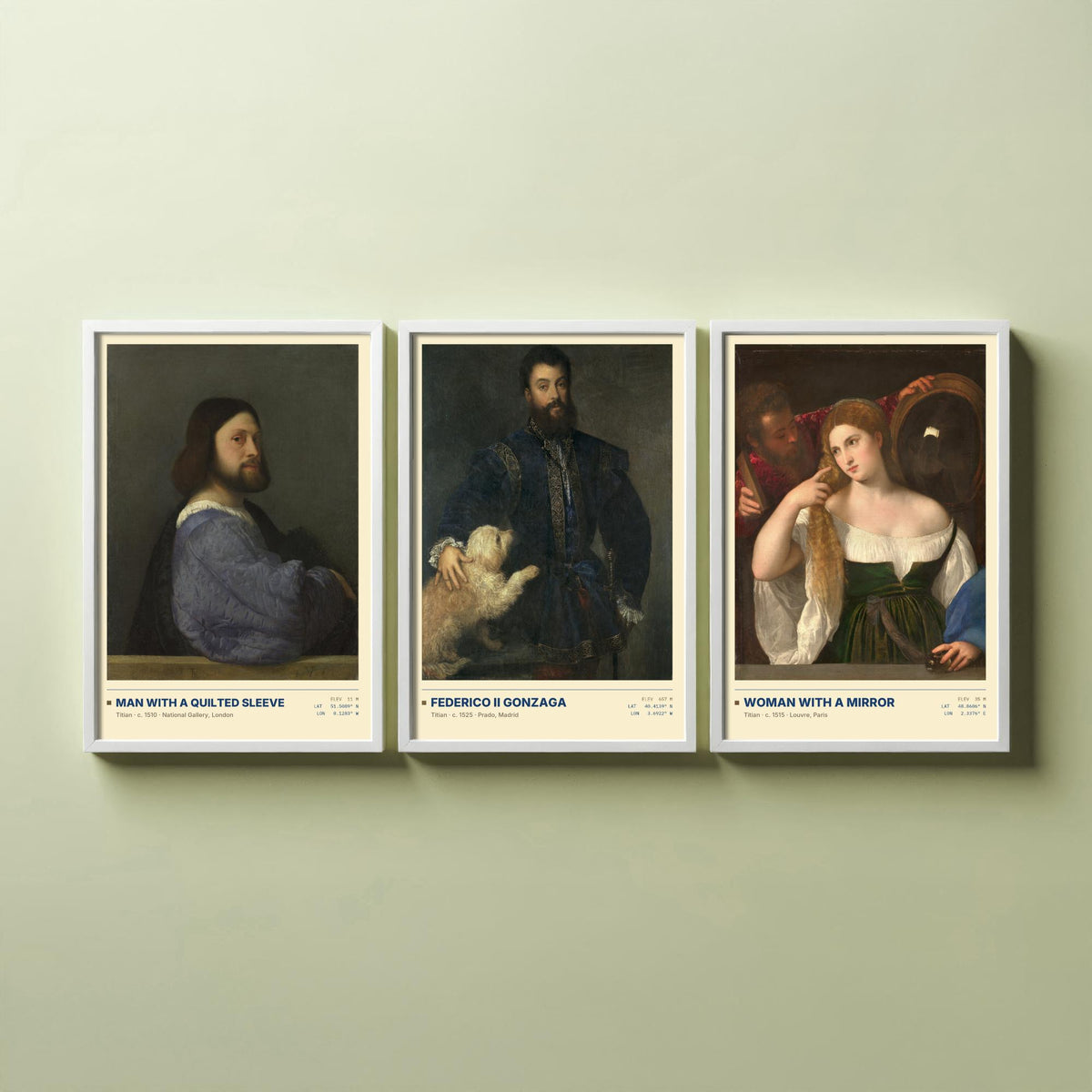 Titian Set of Three Art Prints - Man with a Quilted Sleeve, Federico II Gonzaga, Woman with a Mirror - Venetian Gallery Posters - Paintings