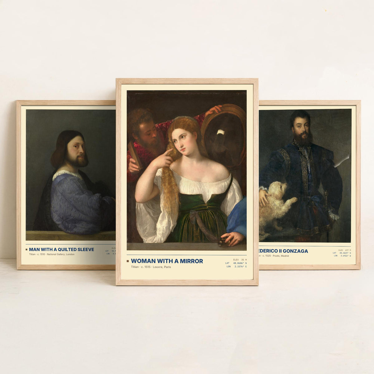 Titian Set of Three Art Prints - Man with a Quilted Sleeve, Federico II Gonzaga, Woman with a Mirror - Venetian Gallery Posters - Paintings