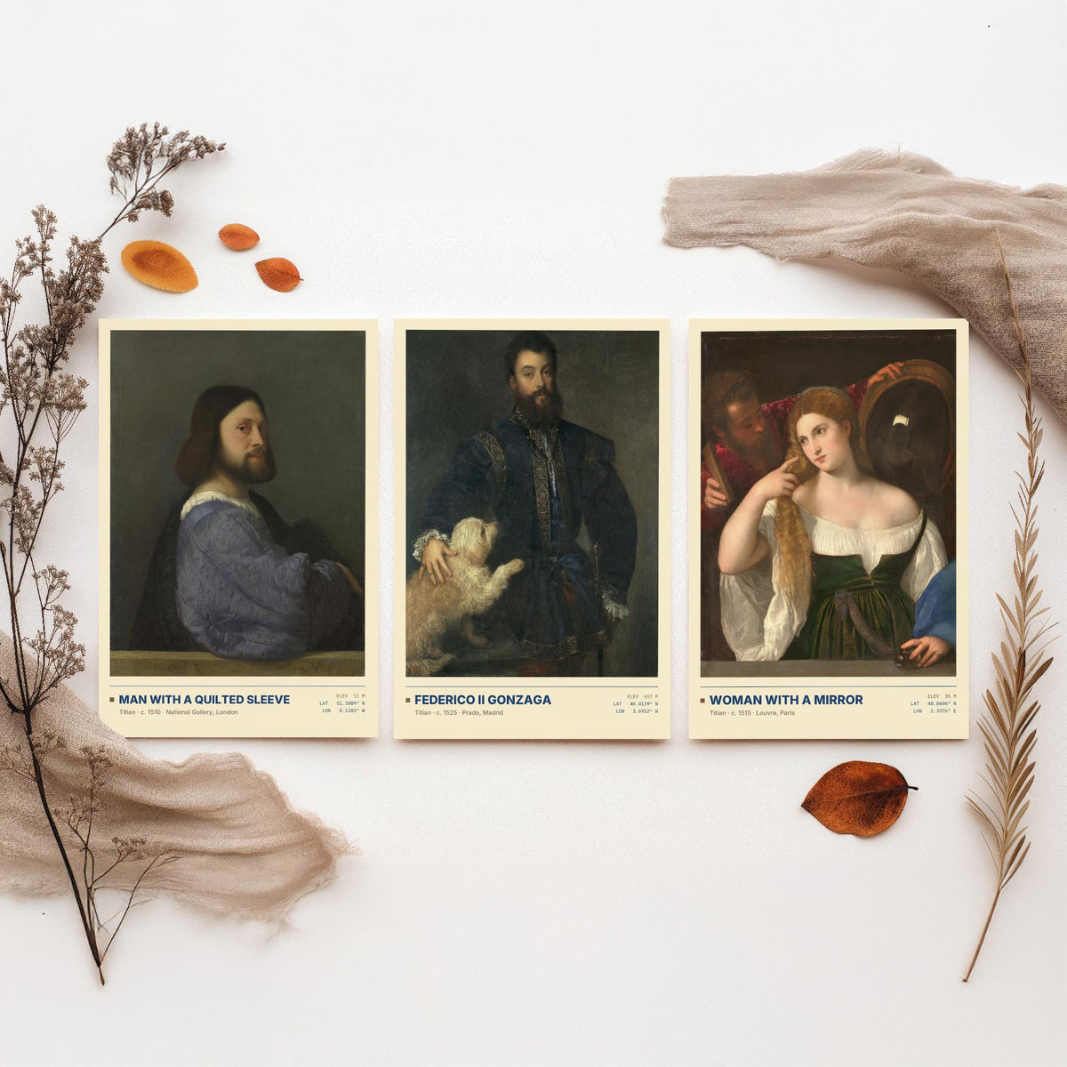 Titian Set of Three Art Prints - Man with a Quilted Sleeve, Federico II Gonzaga, Woman with a Mirror - Venetian Gallery Posters - Paintings