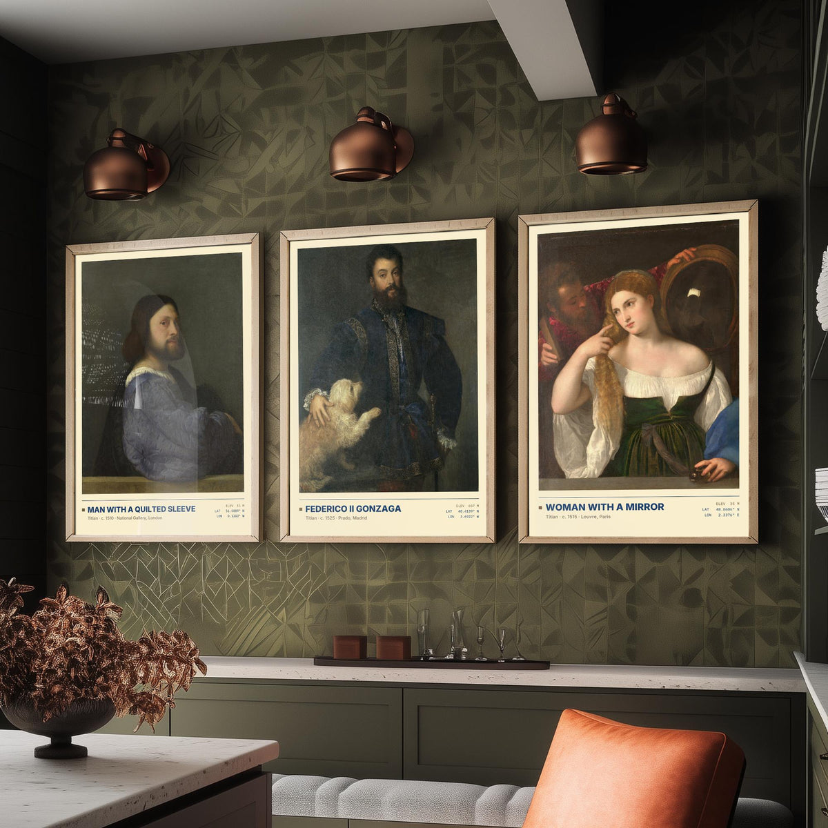 Titian Set of Three Art Prints - Man with a Quilted Sleeve, Federico II Gonzaga, Woman with a Mirror - Venetian Gallery Posters - Paintings